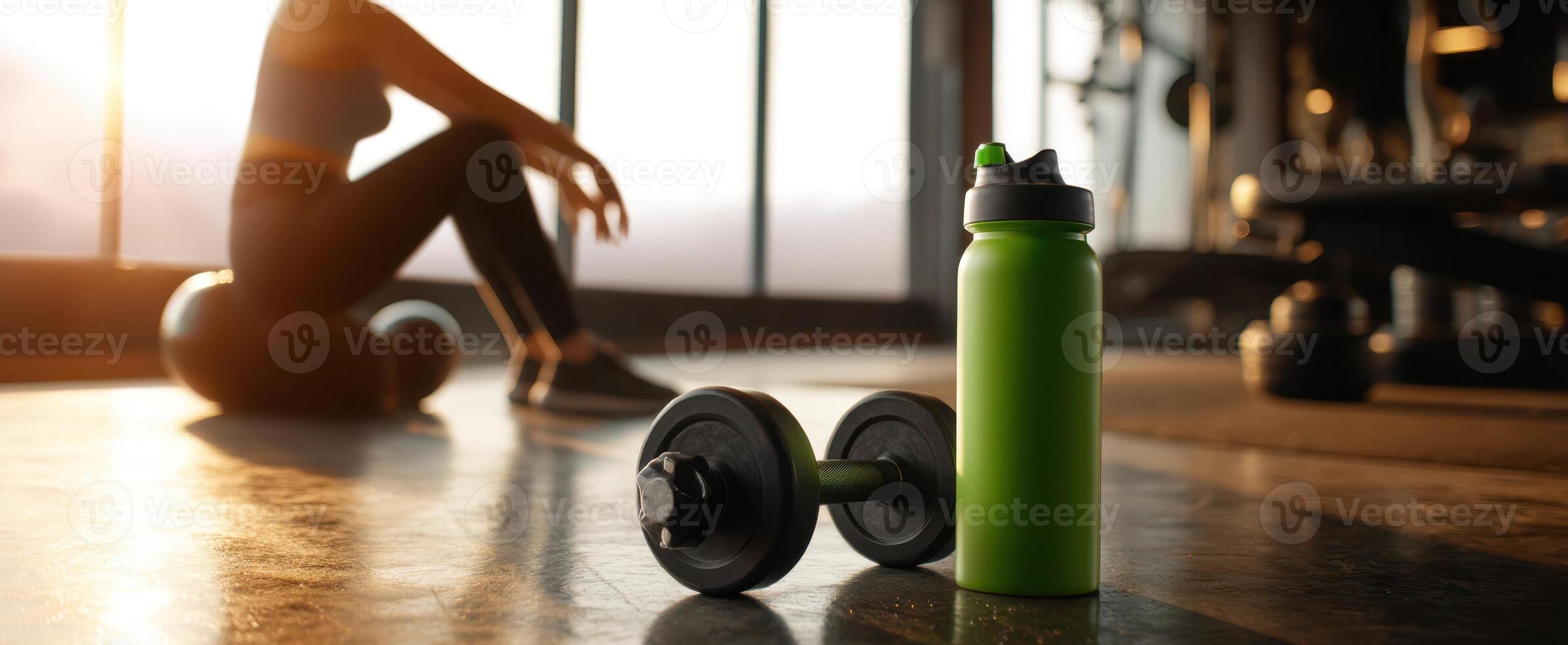 The dumbbell and water bottle create a dynamic workout environment in a gym. photo