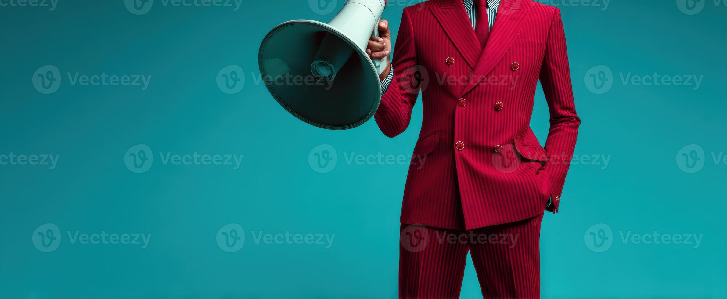The confident man in a striking red suit holding a megaphone. photo
