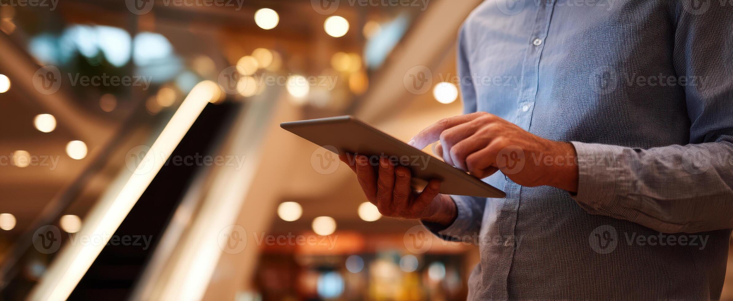 The Businessman Using a Tablet in a Modern Shopping Mall Environment photo