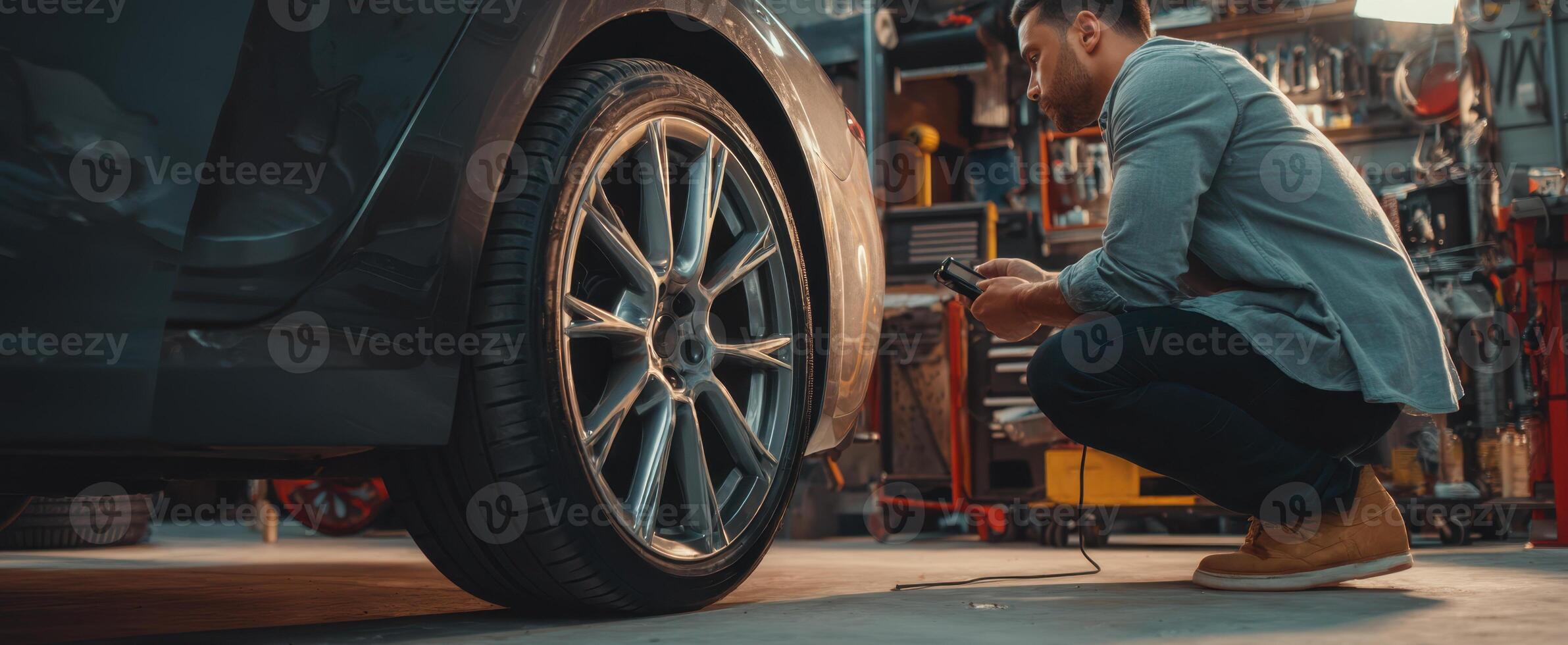 The man checking the tire pressure in a modern automotive workshop. photo