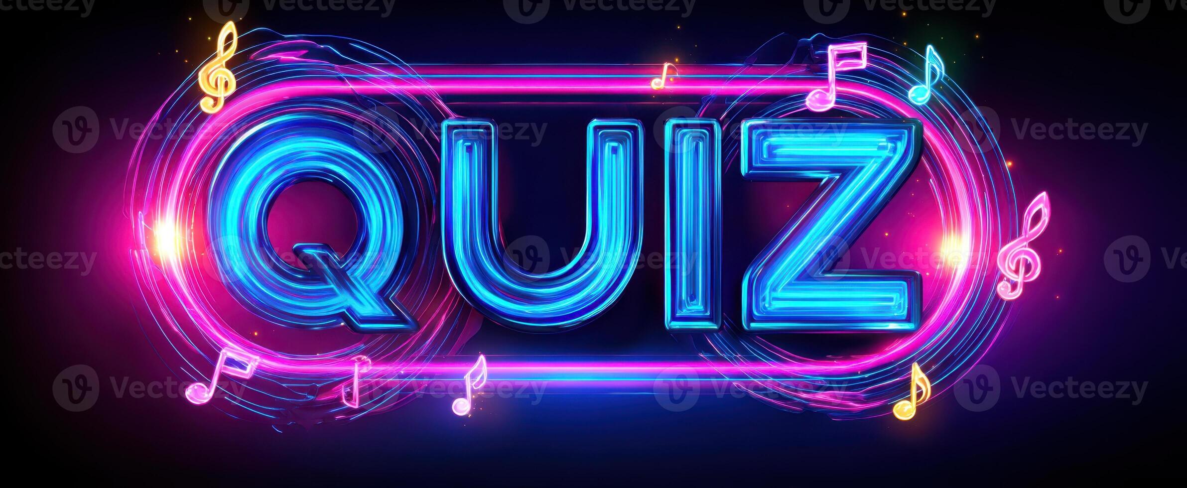 The Vibrant Neon Quiz Sign with Musical Notes for Fun Games and Trivia photo