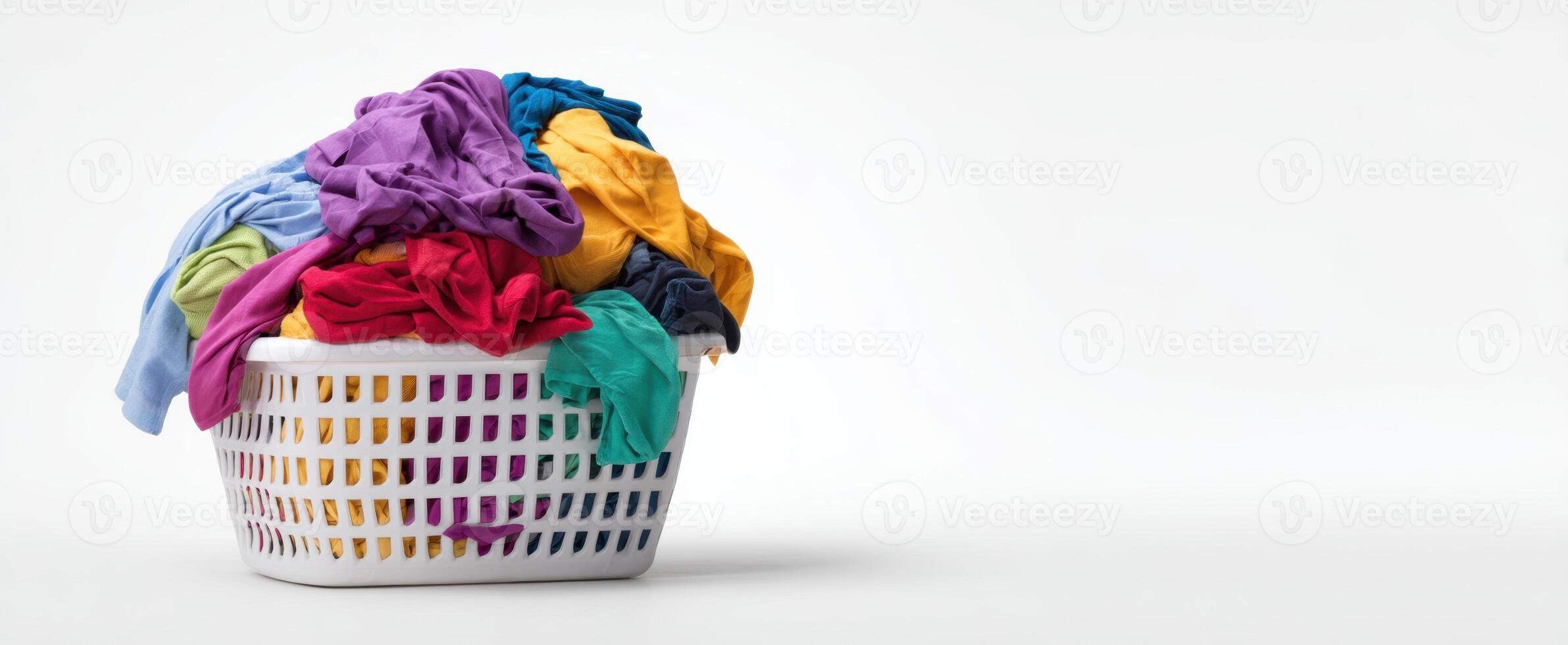 The overflowing laundry basket filled with colorful clothes awaiting wash. photo