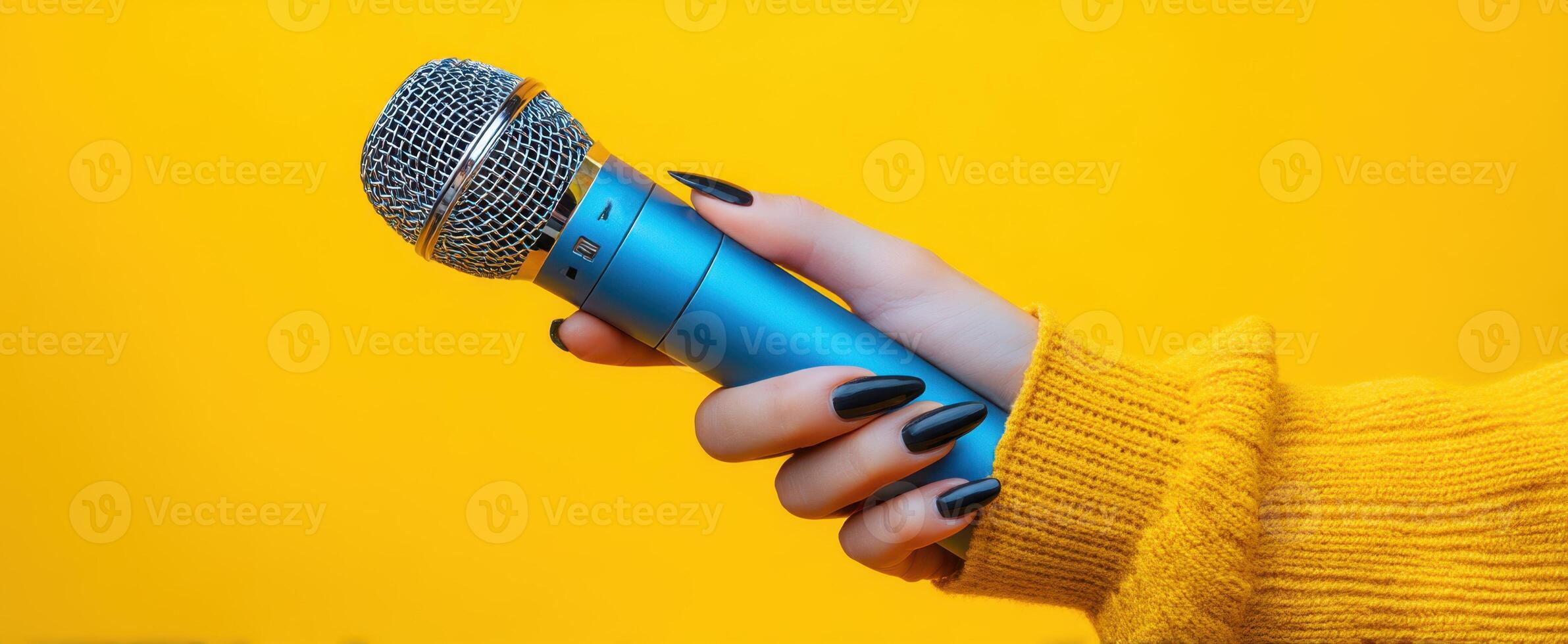 The microphone held by a stylish hand against a vibrant yellow background. photo