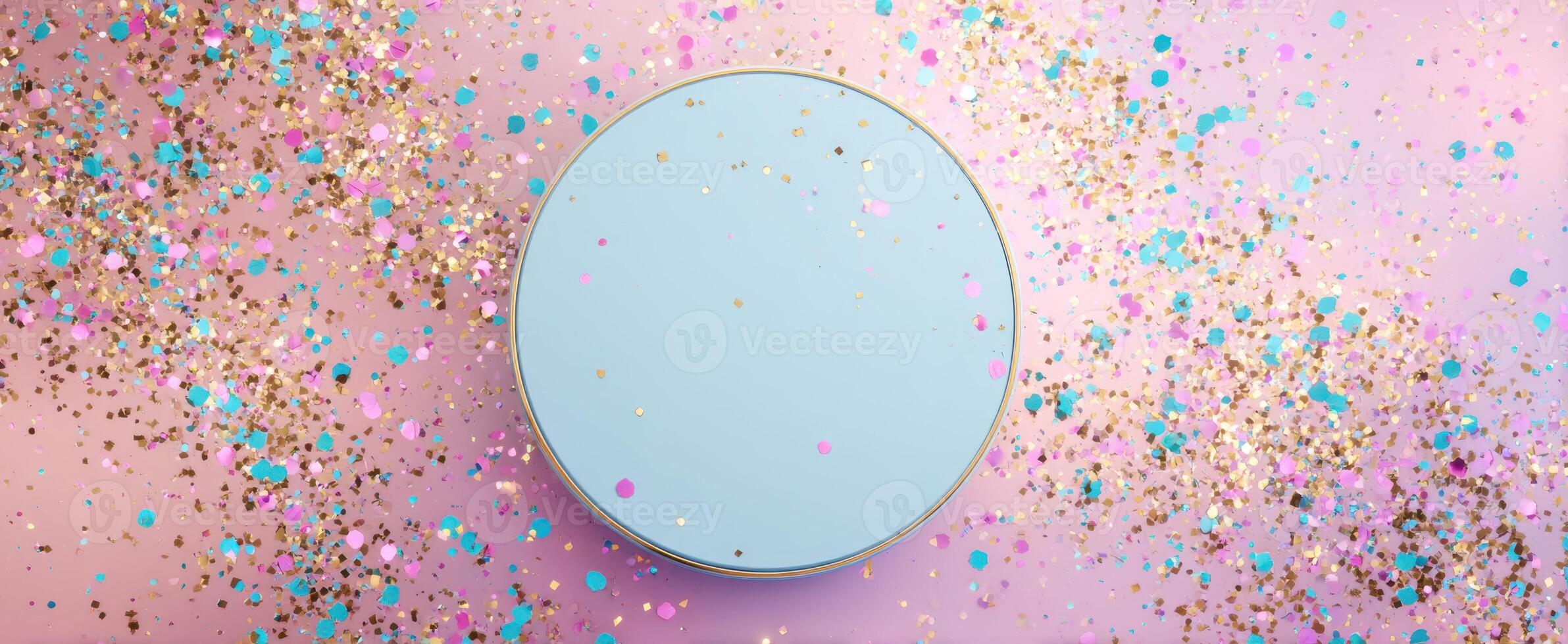 The round pastel plate surrounded by colorful confetti on a pink background photo