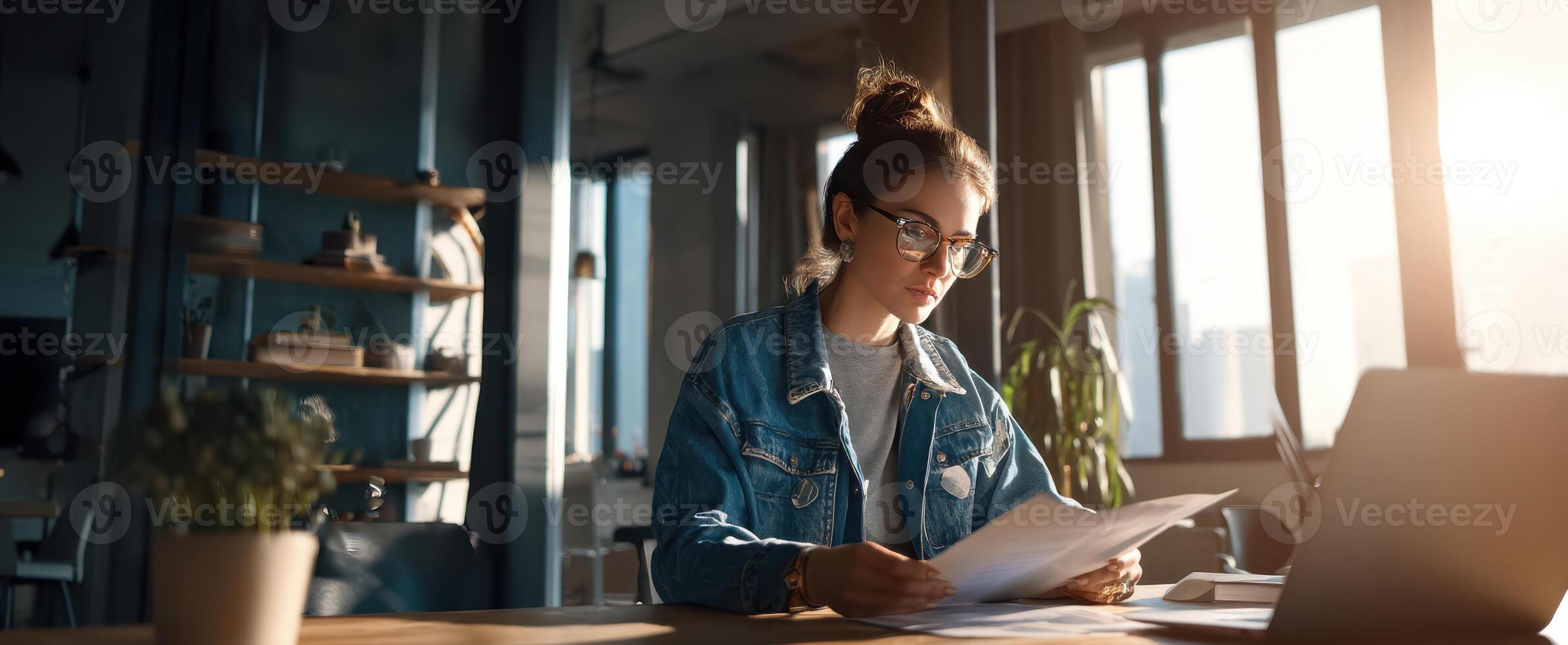 The woman reviewing documents in a bright and modern workspace. photo