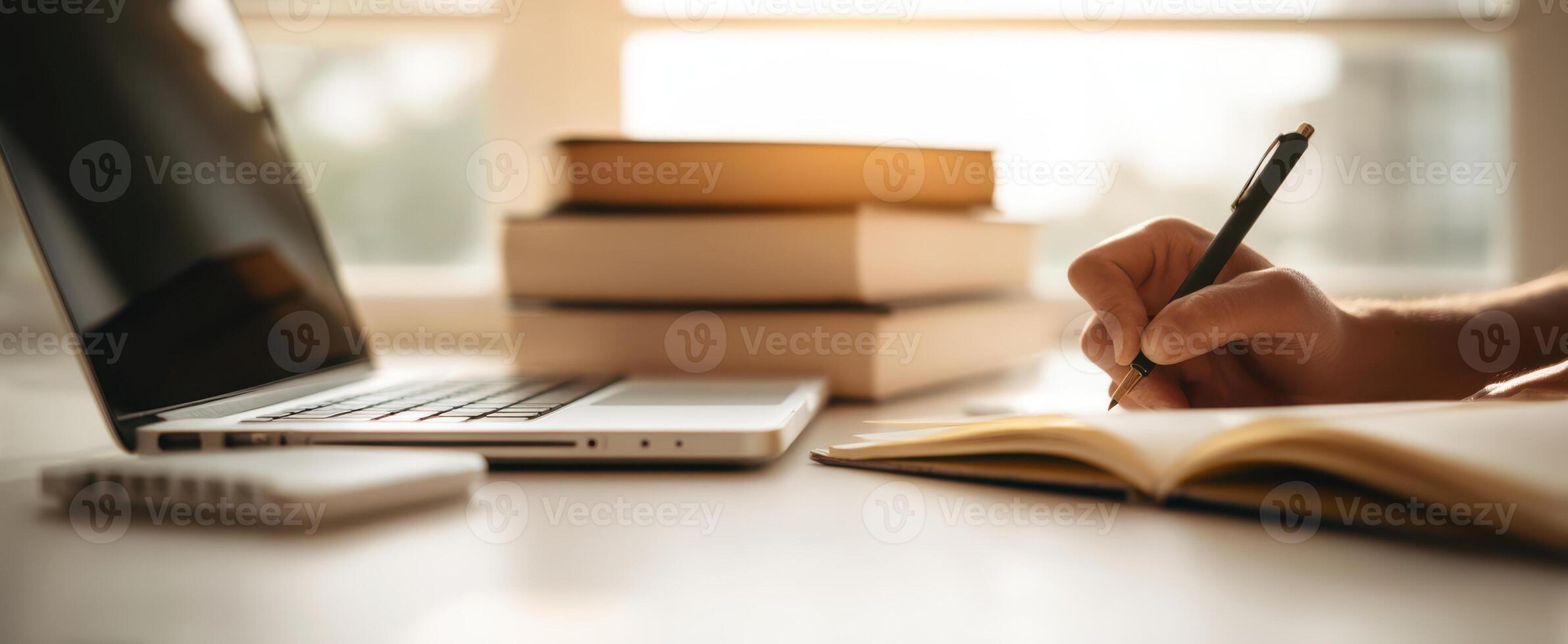 The workspace featuring a hand writing in a notebook beside a laptop and books. photo