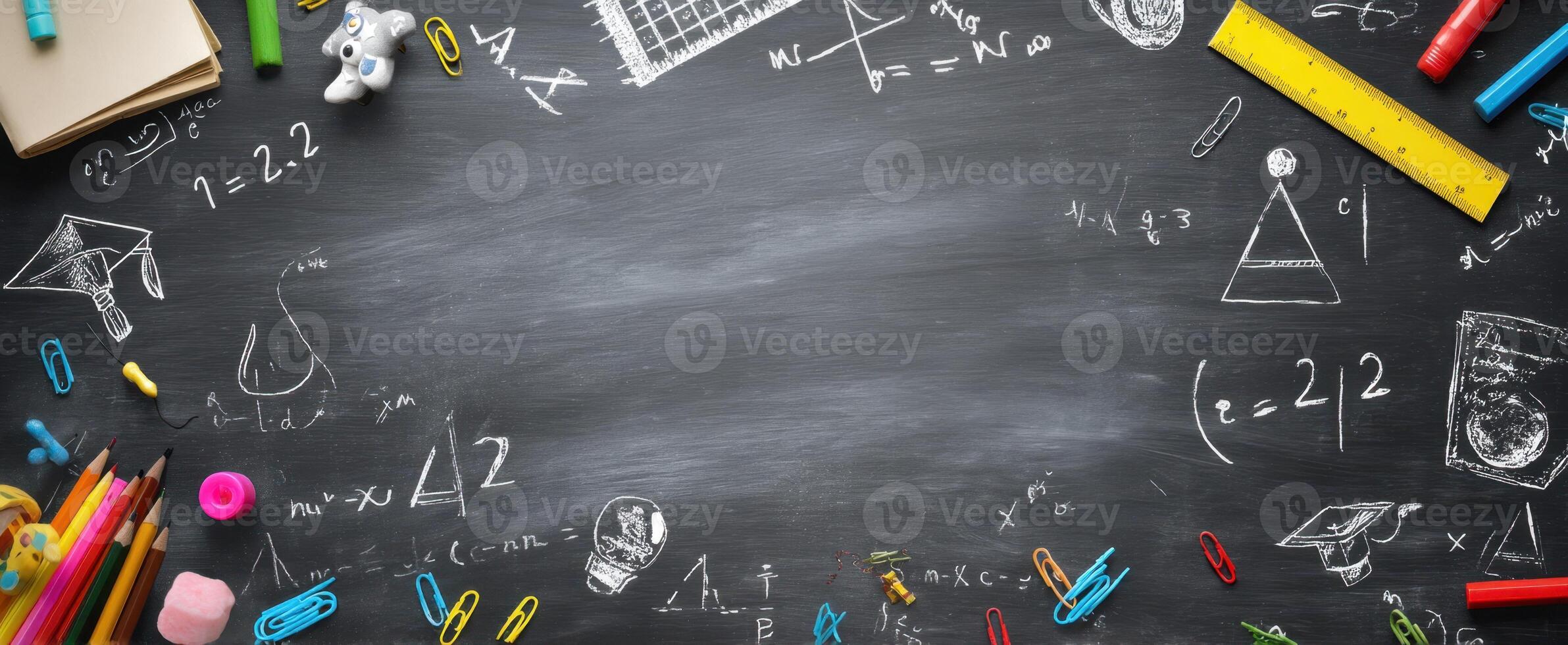 The chalkboard filled with colorful mathematical equations and learning tools. photo