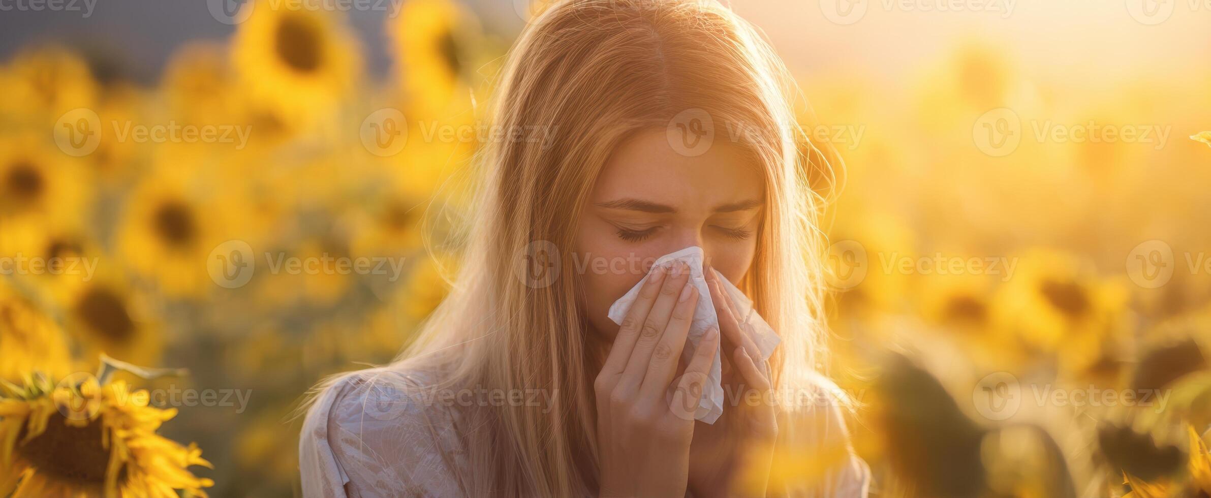 The woman experiencing allergies in a sunlit sunflower field photo