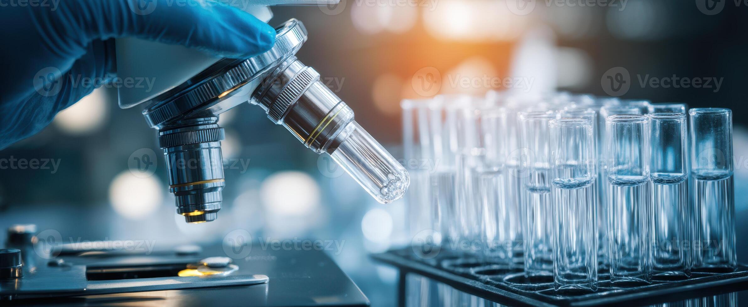The microscope examining test tubes in a modern laboratory environment. photo