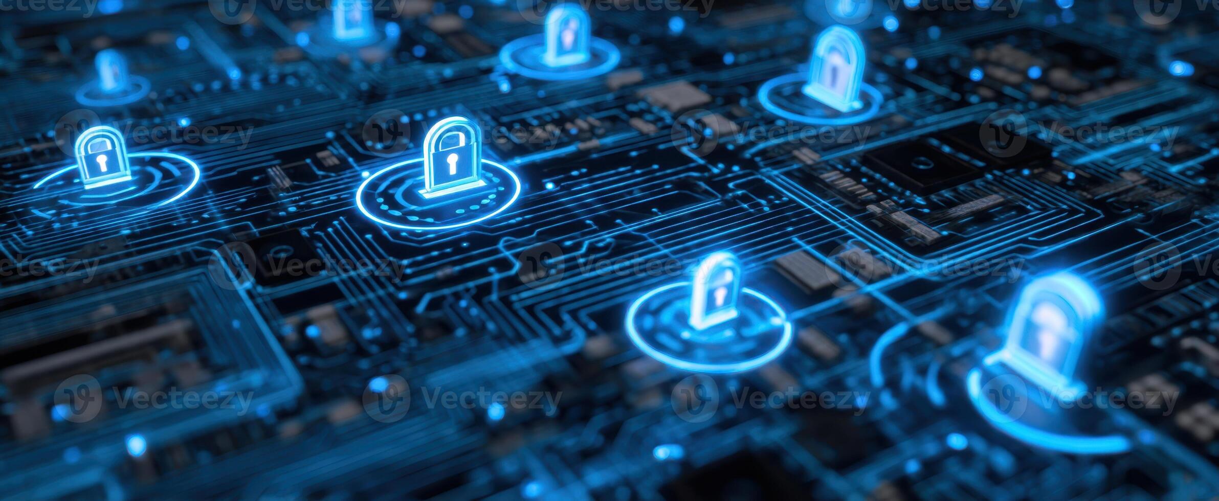 The digital network showcasing cybersecurity locks on a circuit board. photo