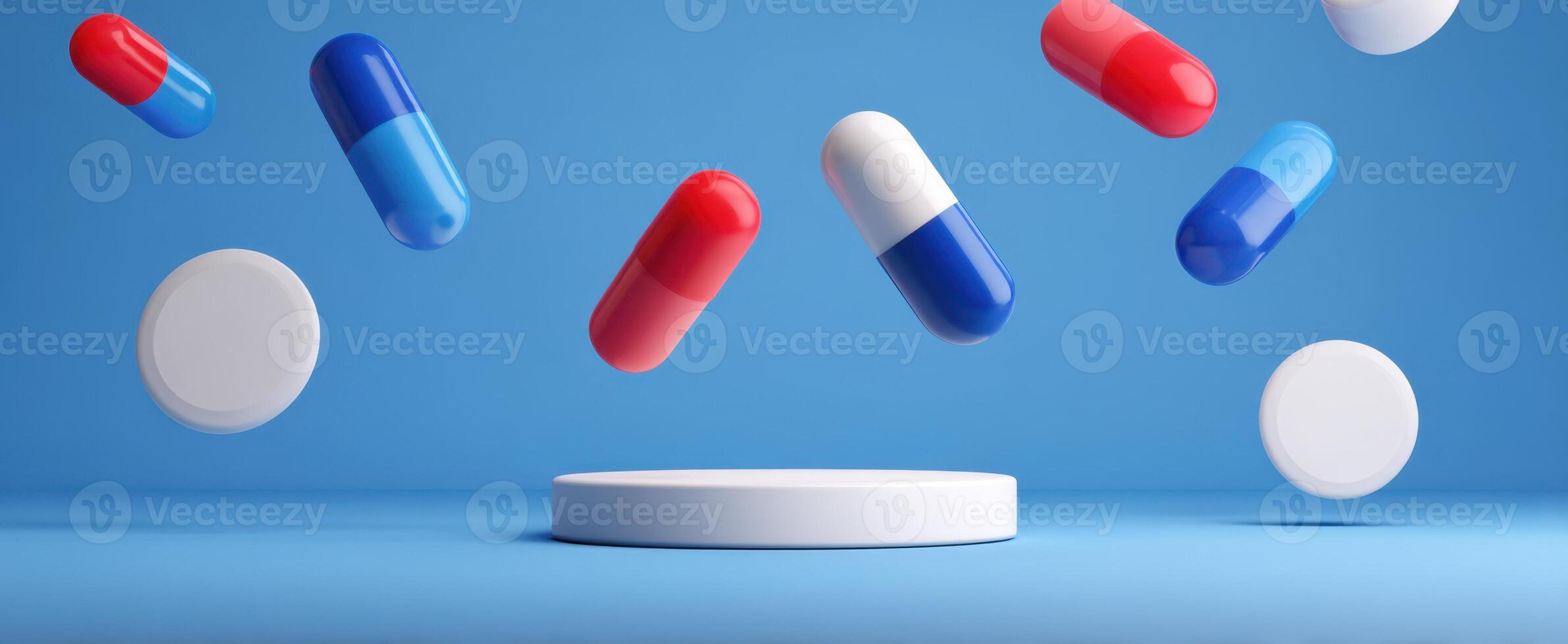 The colorful capsules and tablets floating above a clean, stylish platform. photo