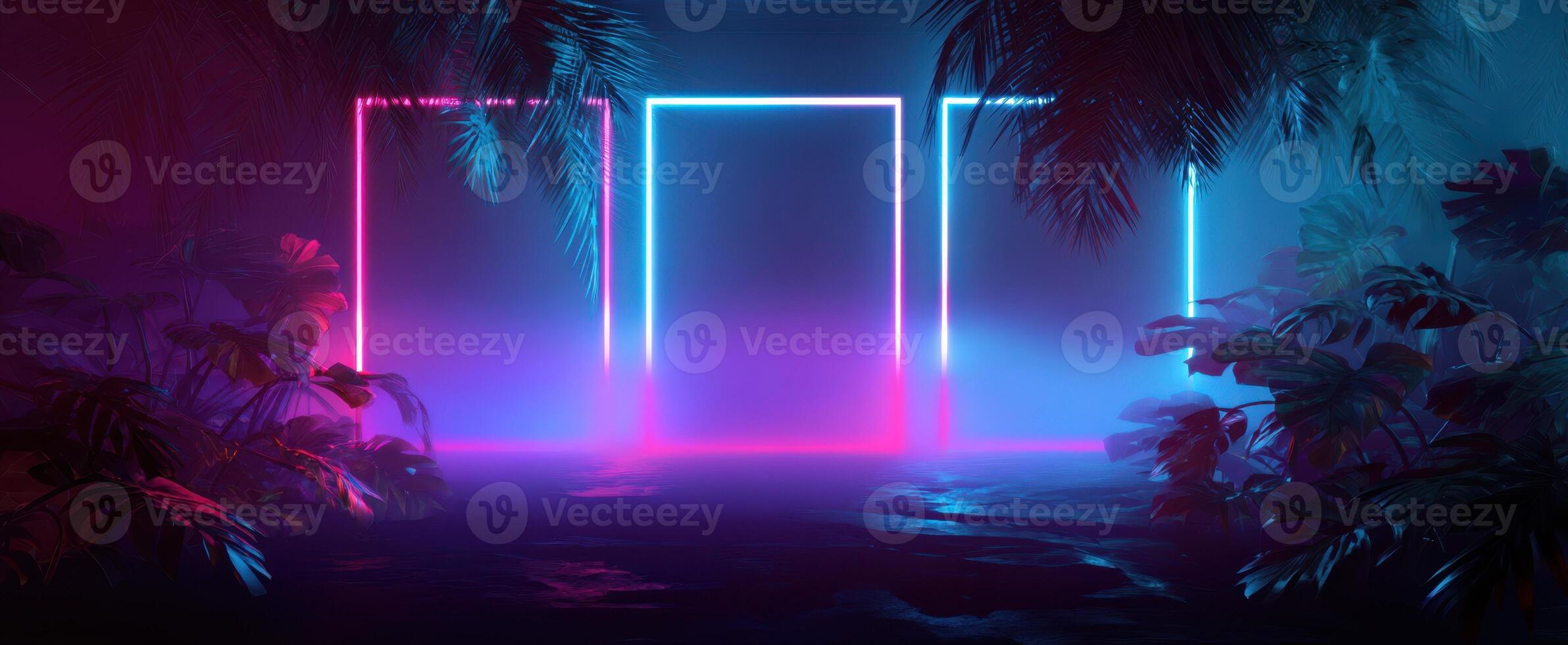 The mesmerizing neon frames amidst a vibrant tropical jungle atmosphere. photo