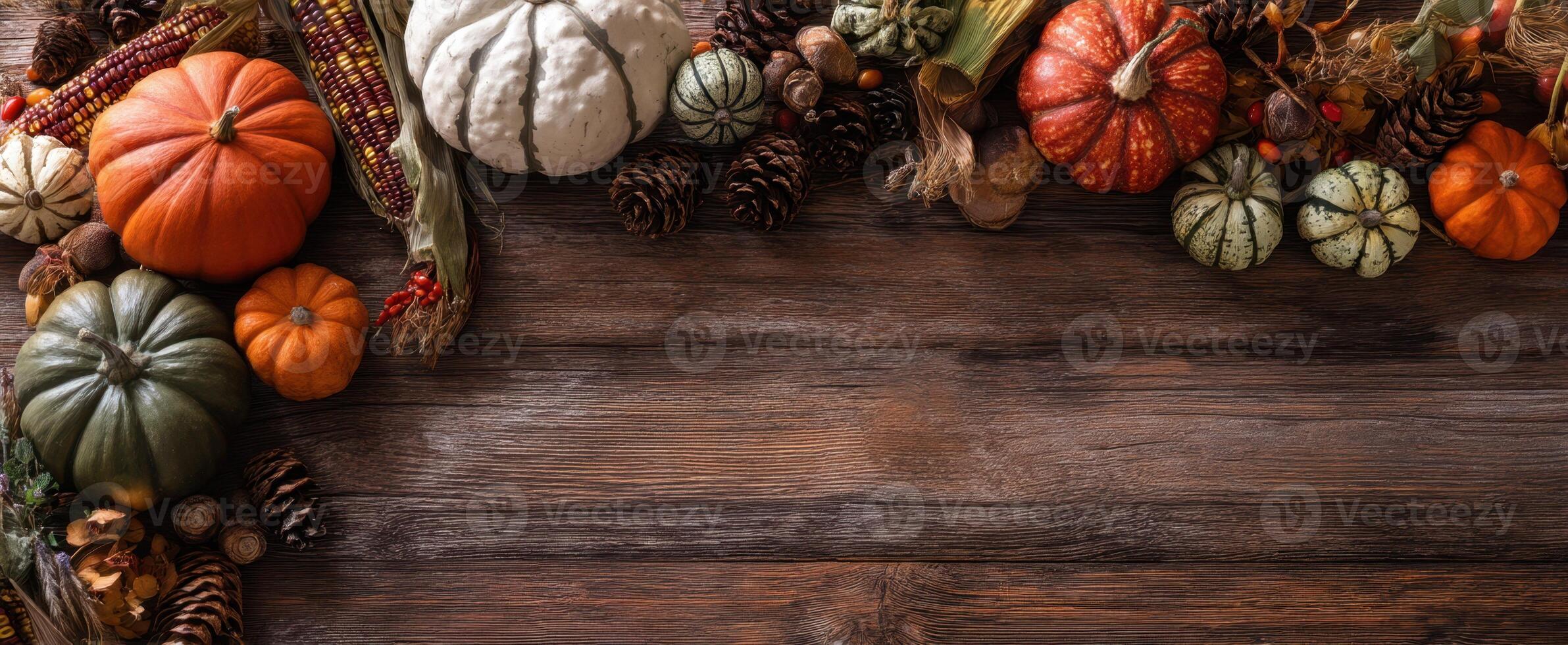The colorful arrangement of pumpkins and gourds for autumn harvest decor. photo