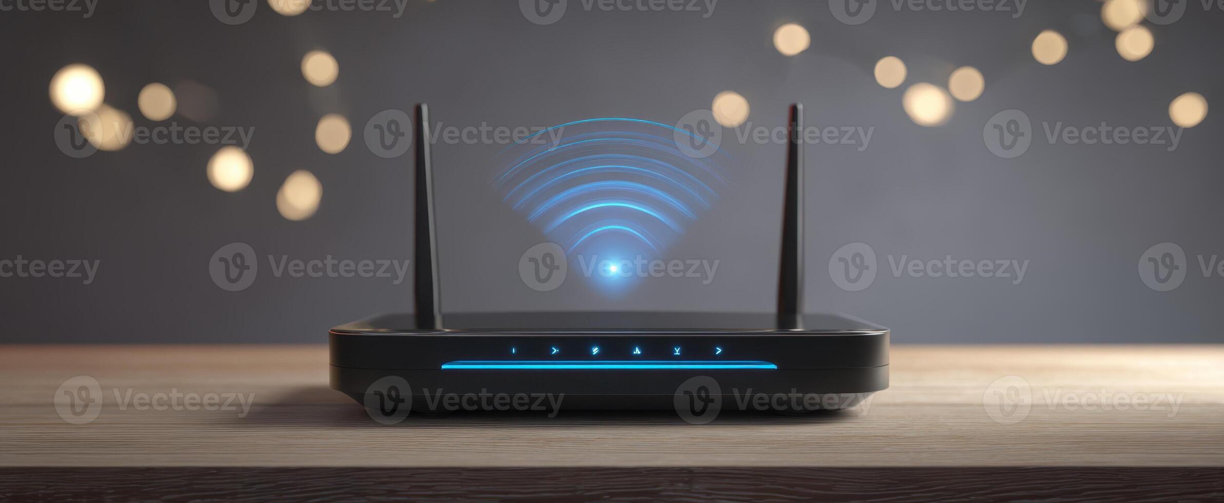 The modern wireless router with glowing signal lights on a wooden table. photo