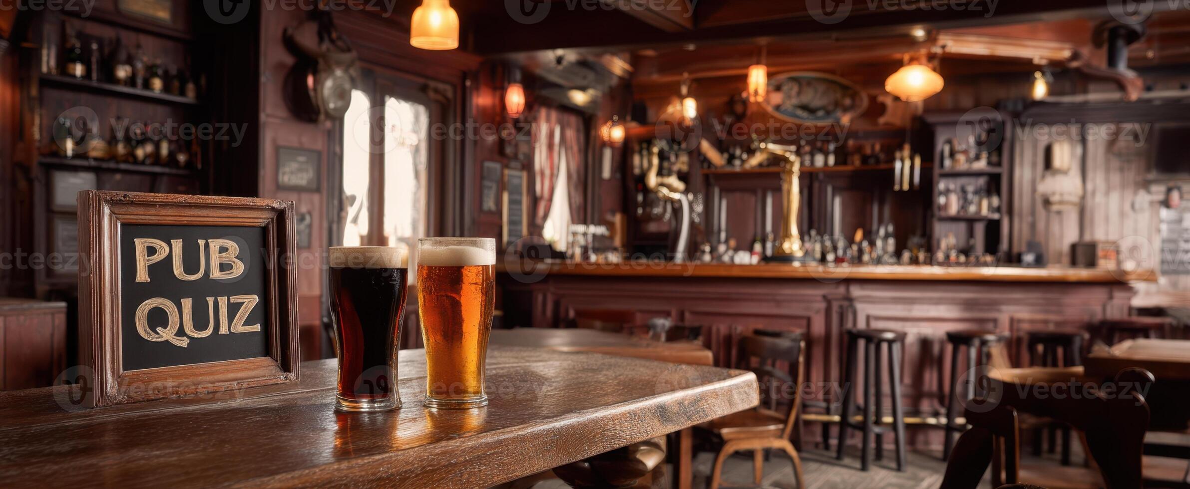 The pub quiz setting with beers and a welcoming atmosphere. photo