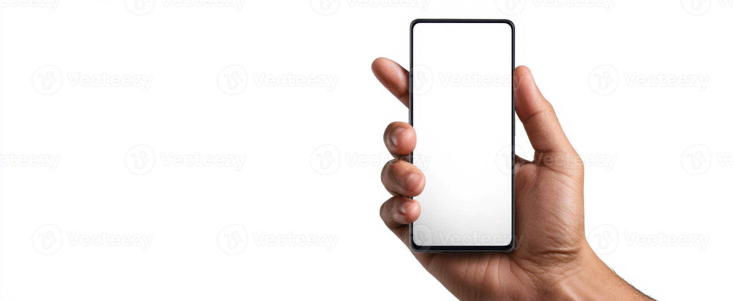 The smartphone held in a hand showcasing a blank screen and modern design. photo