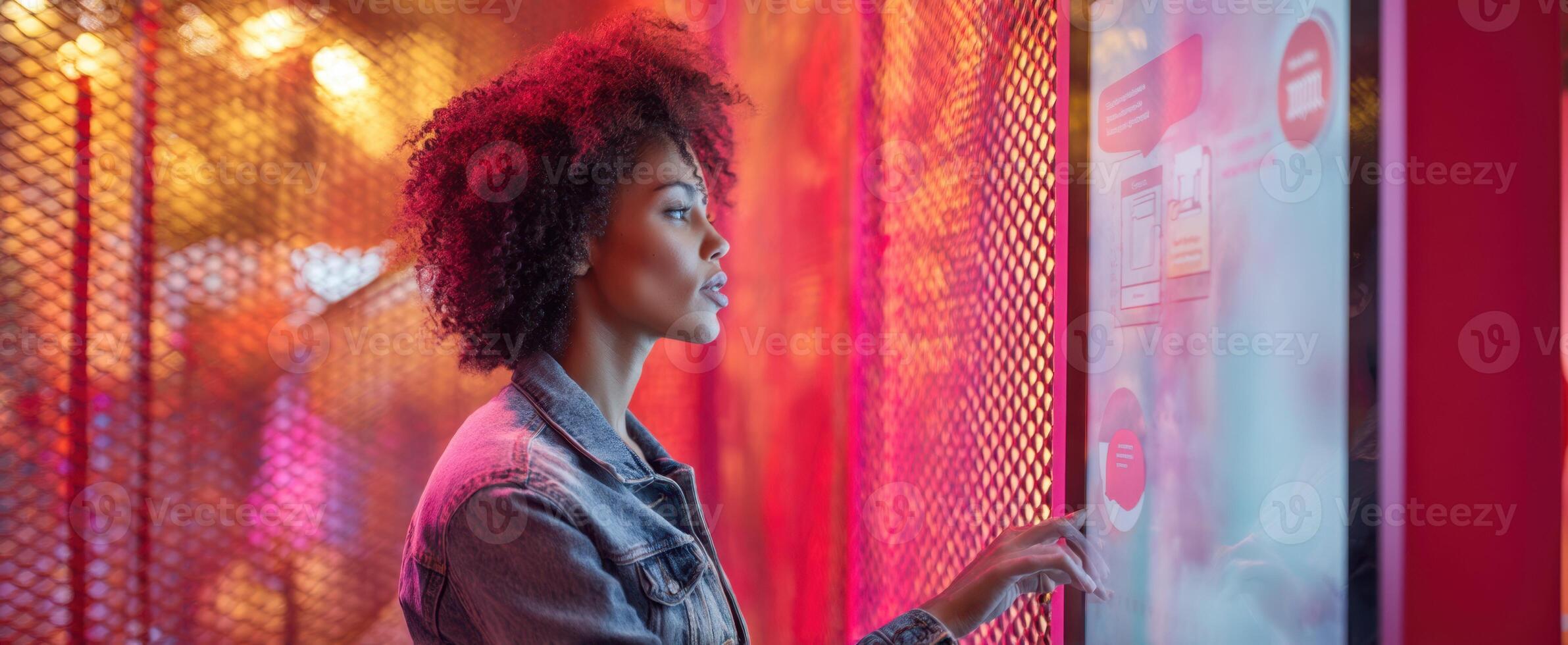 The woman interacting with a digital kiosk in a vibrant urban setting. photo