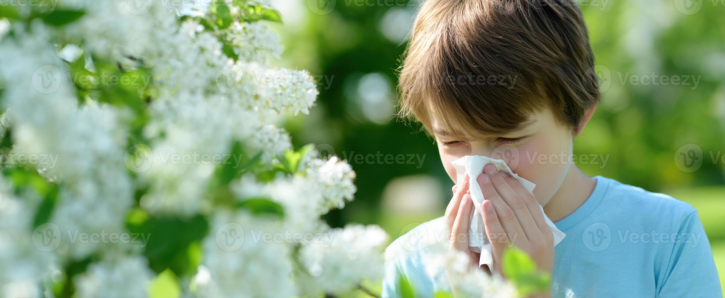 The boy sneezing amidst beautiful blooming flowers in a sunny park. photo