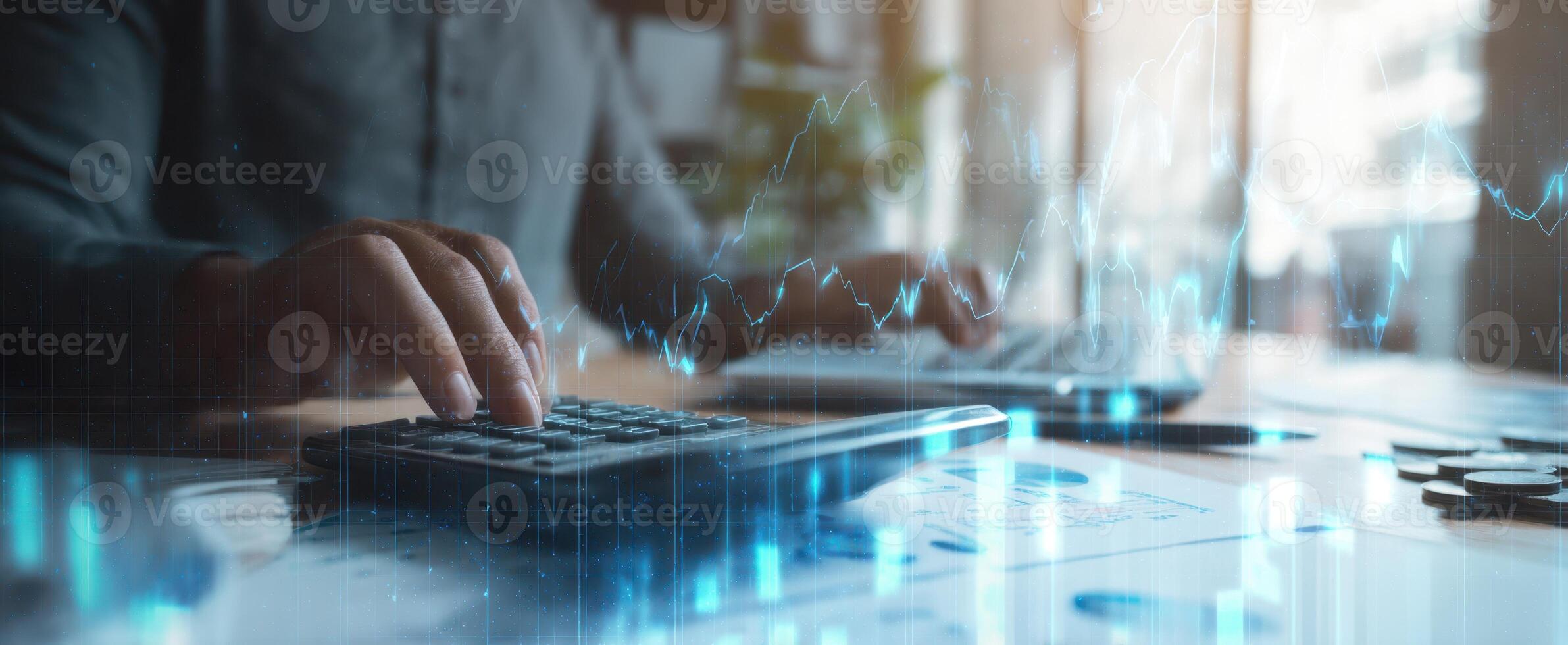 The calculator and financial analysis in a modern workspace setting. photo