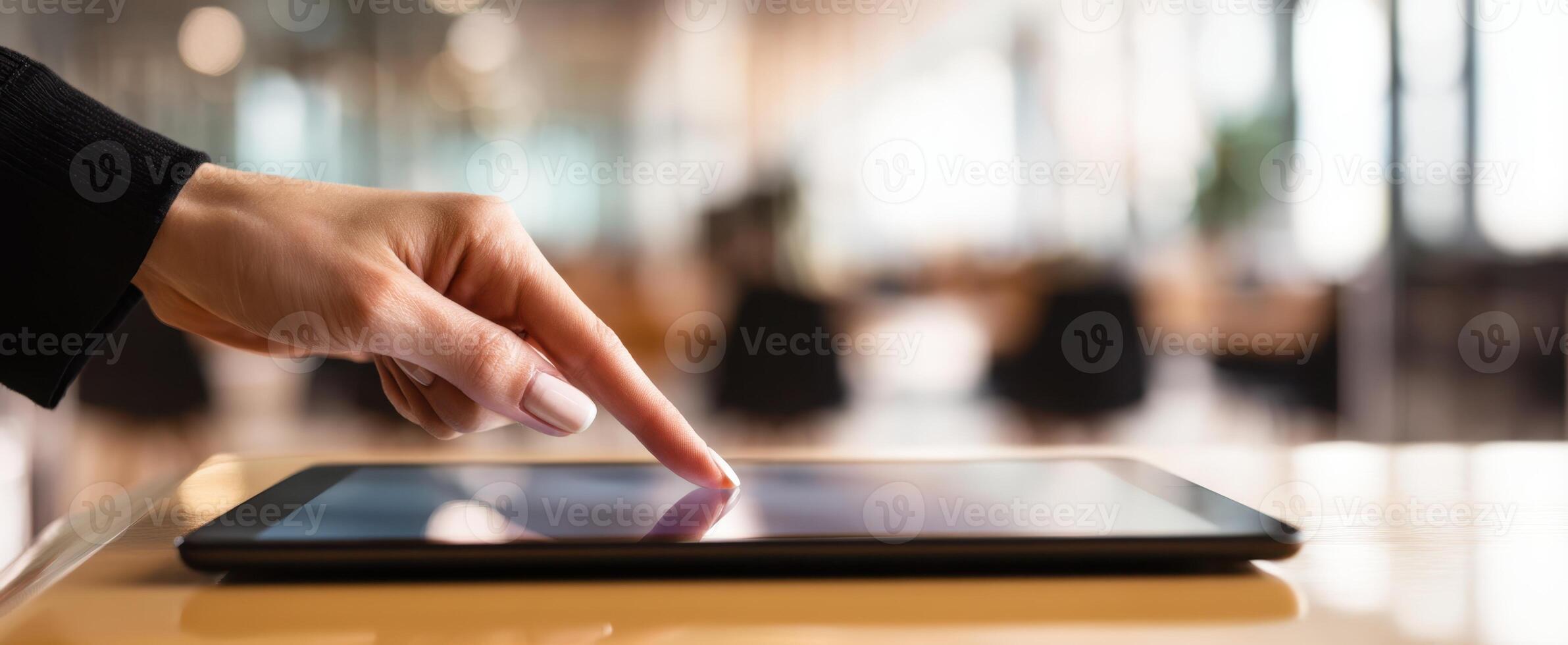 The hand interacting with a tablet screen in a modern office environment. photo