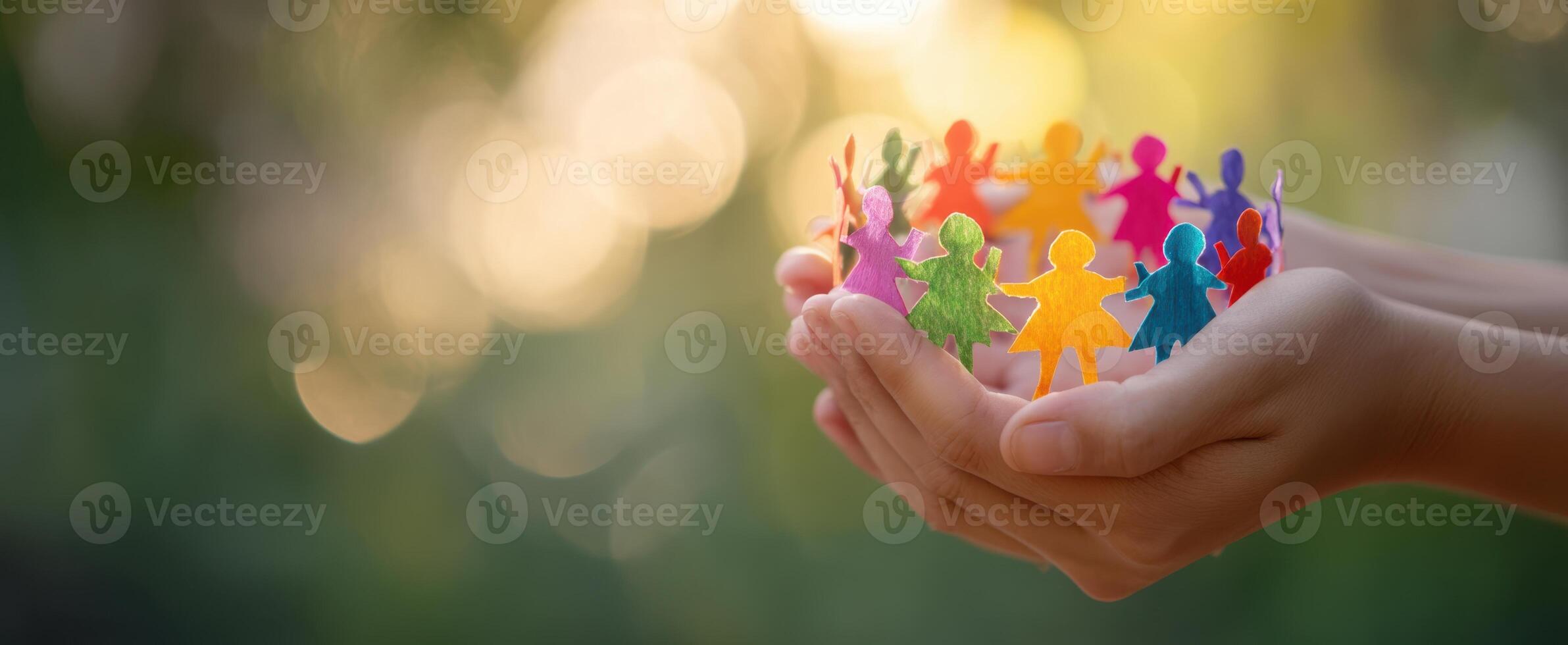 The colorful hands holding a paper chain of figures representing unity and diversity. photo