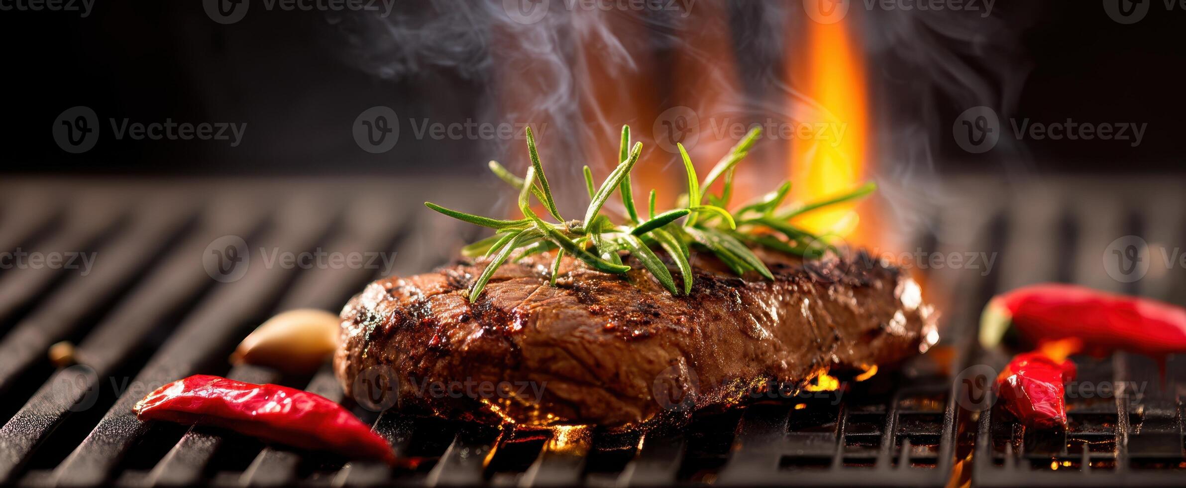 The succulent grilled steak garnished with fresh rosemary and vibrant peppers. photo