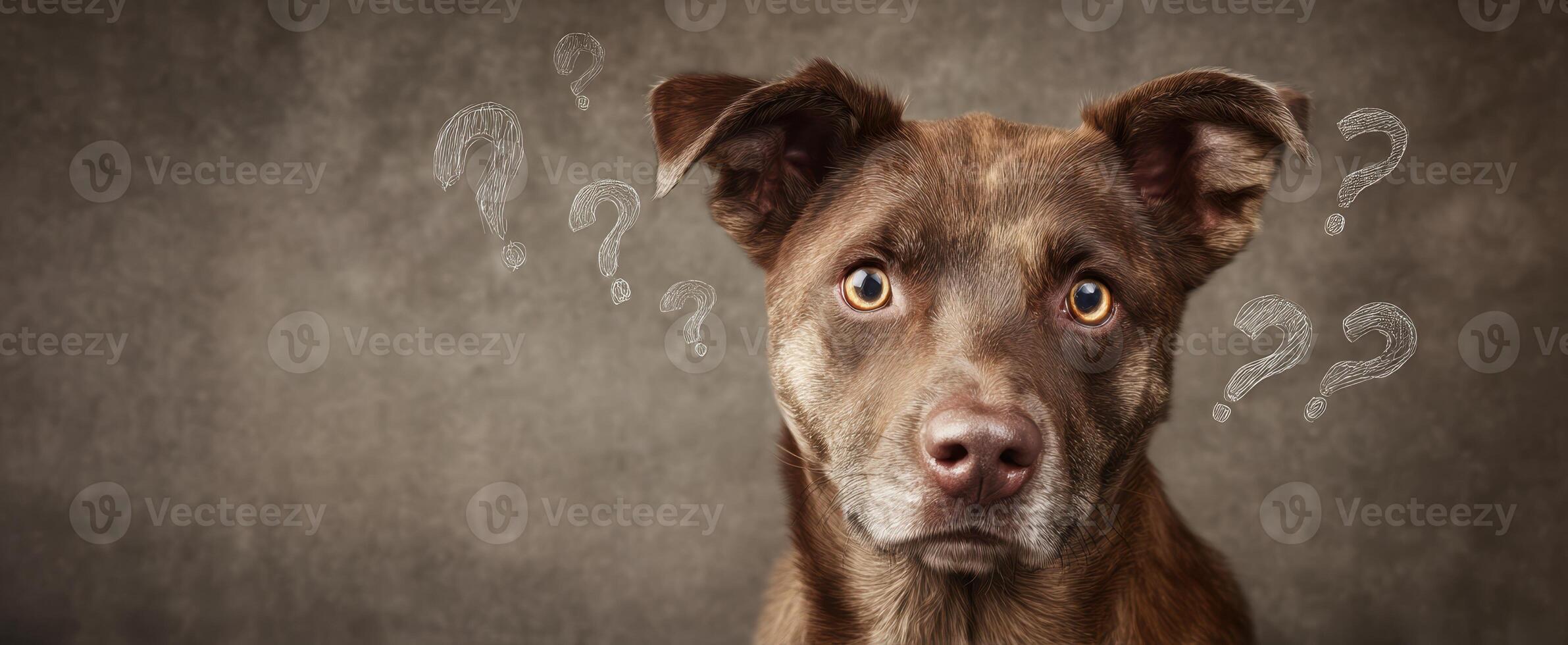The confused dog with a curious expression surrounded by question marks photo