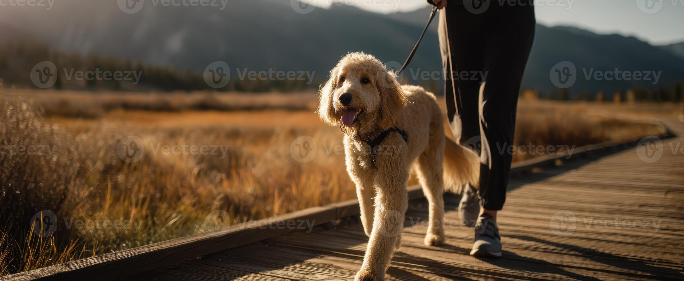 The cheerful dog enjoying a walk on a scenic nature path with its owner. photo