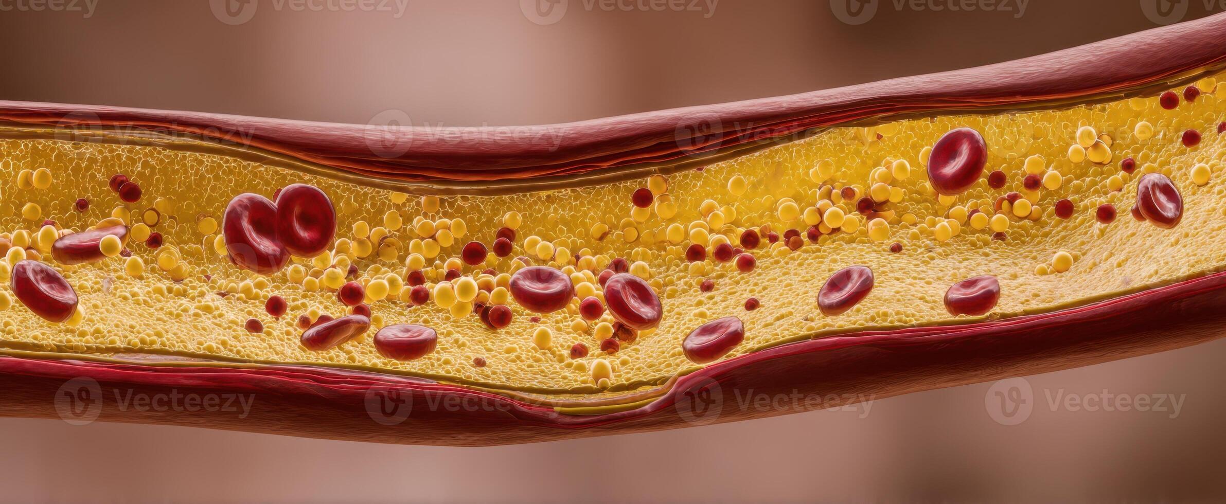 The detailed visualization of an artery highlighting blood and cholesterol components. photo