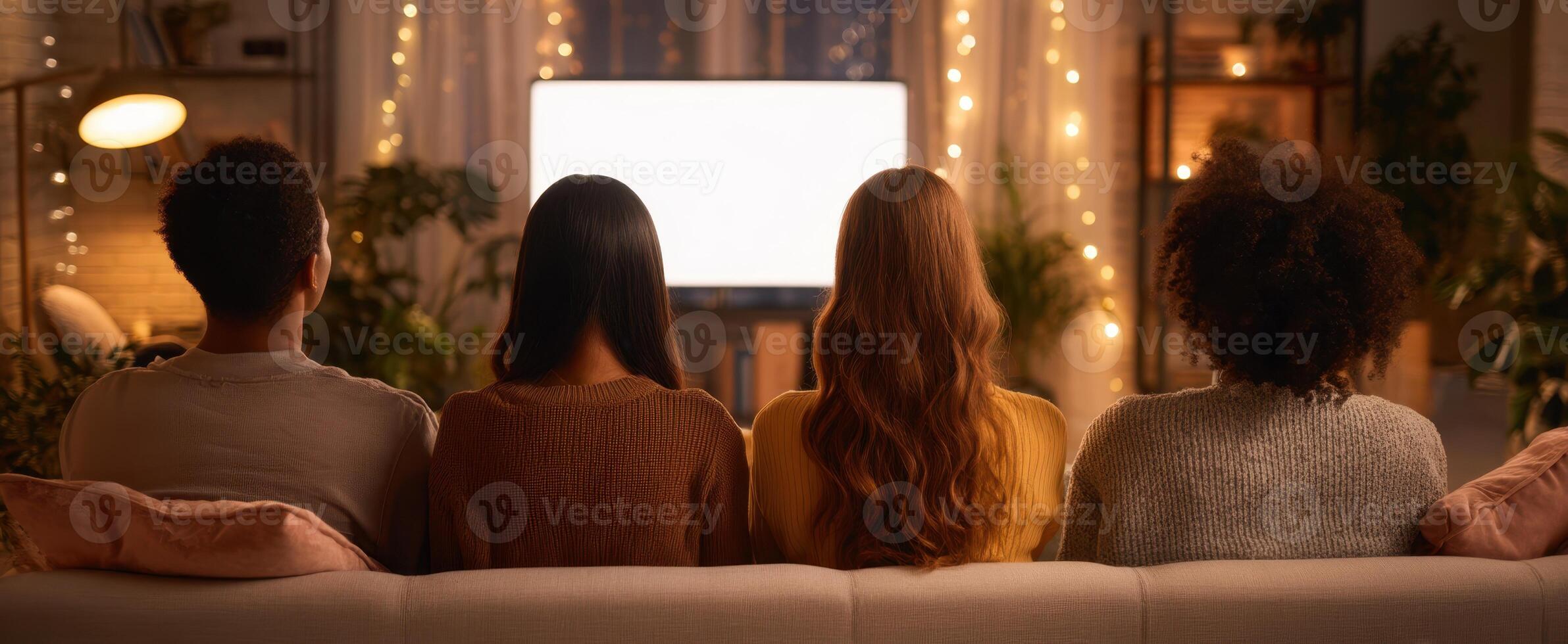 The group of friends enjoying a cozy movie night at home. photo