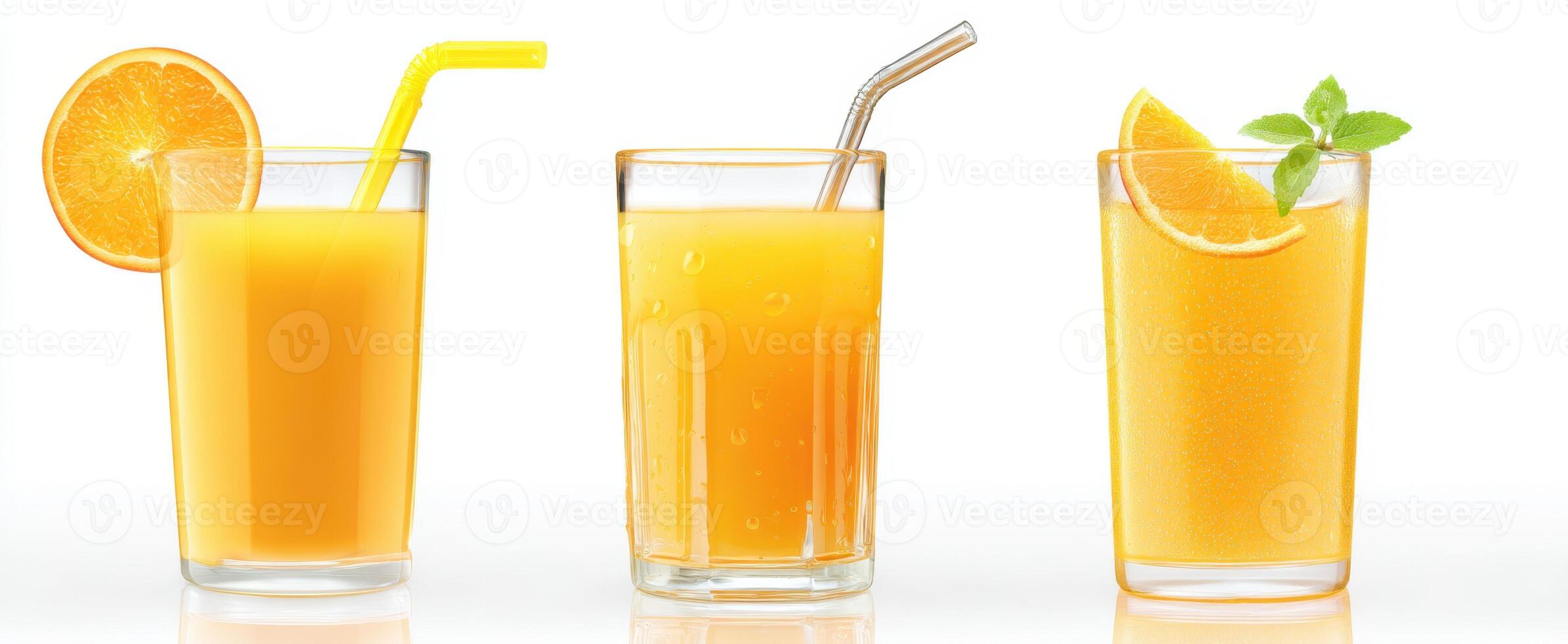 The vibrant array of deliciously refreshing orange juices in elegant glasses. photo