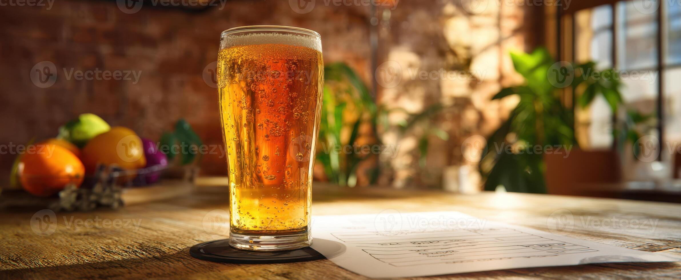 The beer glass sits invitingly on a wooden table in a cozy setting. photo