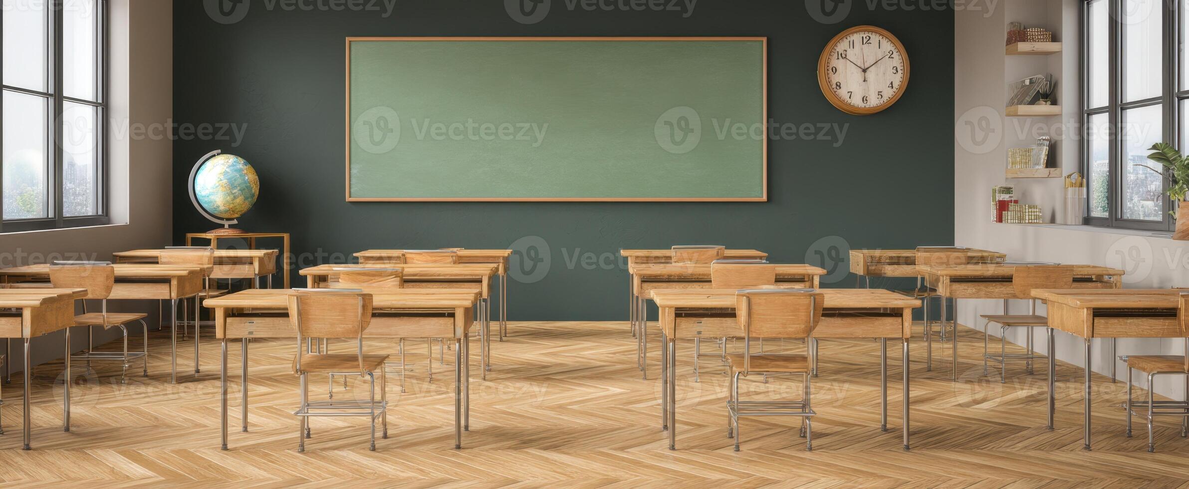 The empty classroom with wooden desks and a green chalkboard setting. photo