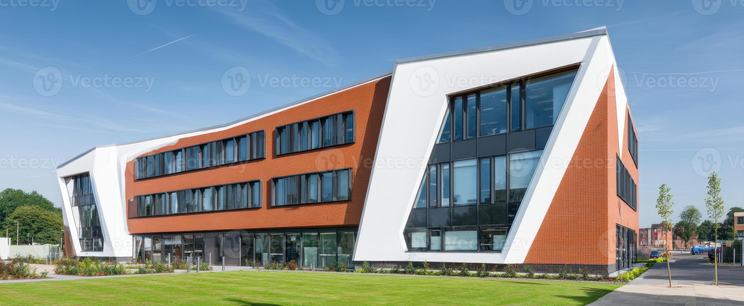 The modern architectural design of the innovative office building in an urban setting. photo