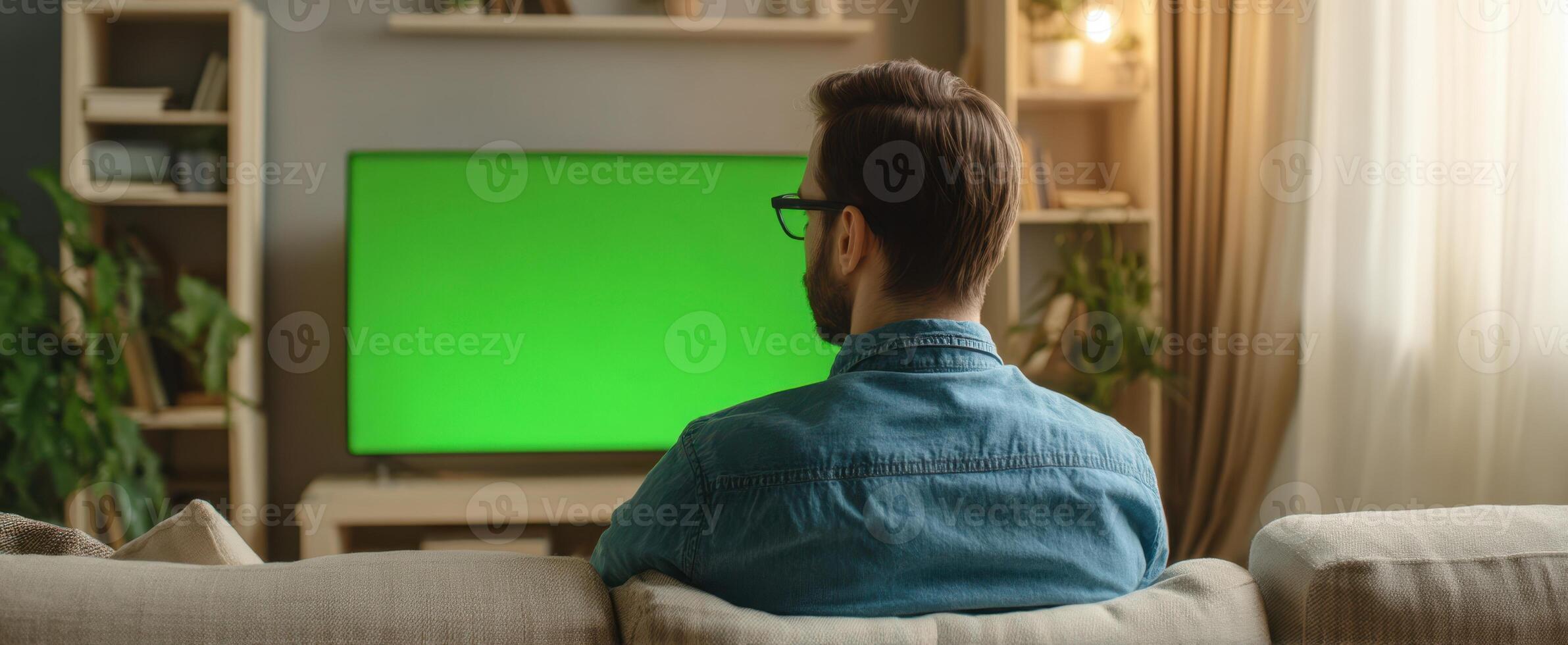 The man enjoying a moment of relaxation in front of a green screen television. photo