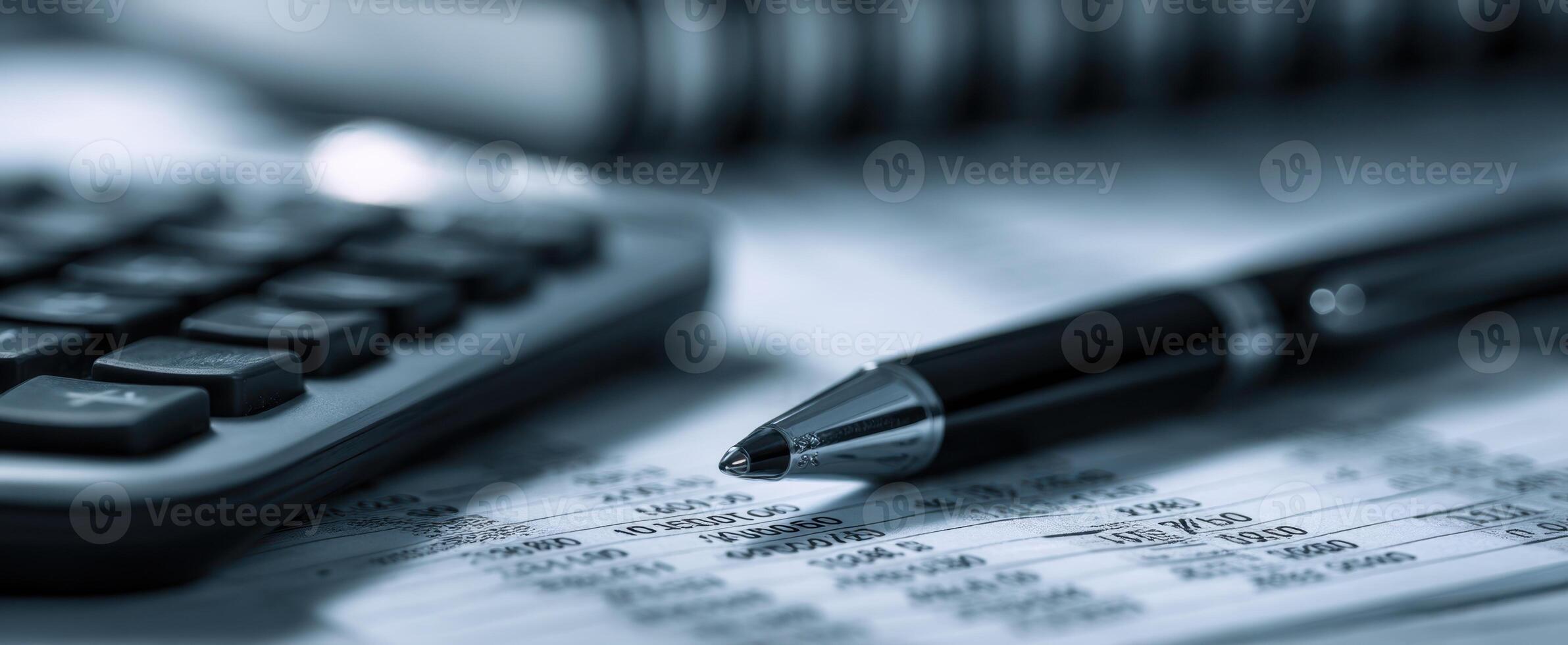 The calculator and pen on financial paperwork for business analysis photo