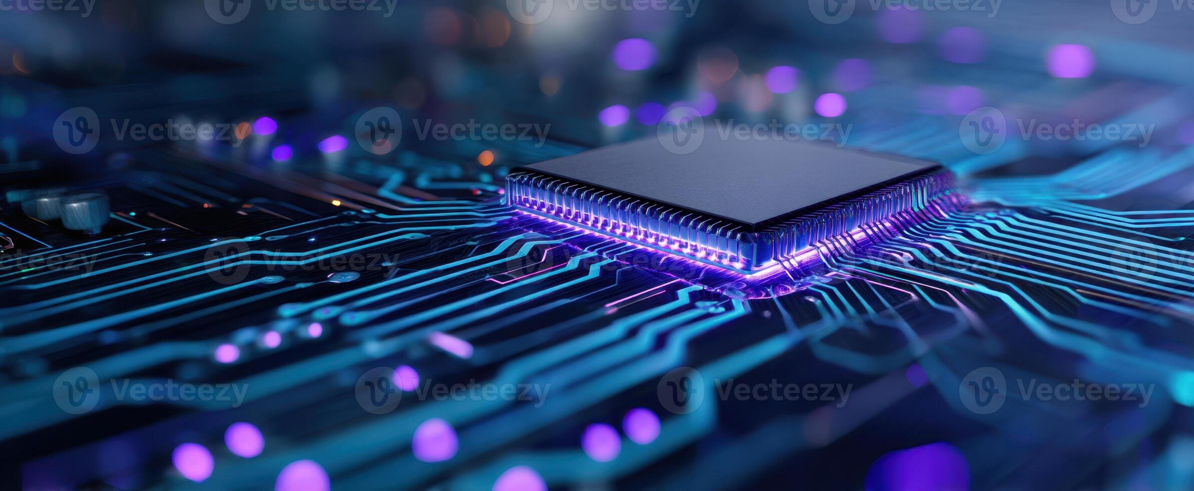 The captivating microchip on a futuristic circuit board illuminated by vibrant lights. photo