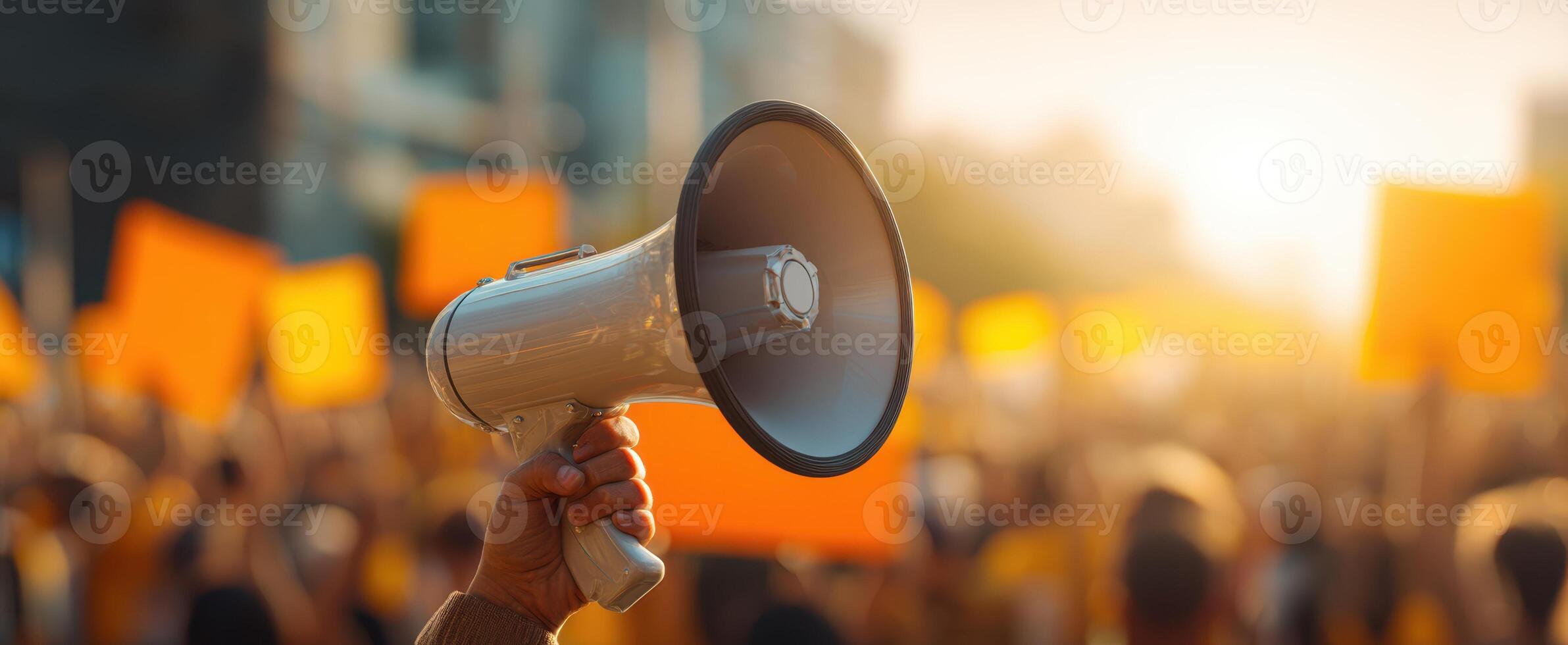 The megaphone raised in a vibrant crowd during a passionate protest event. photo