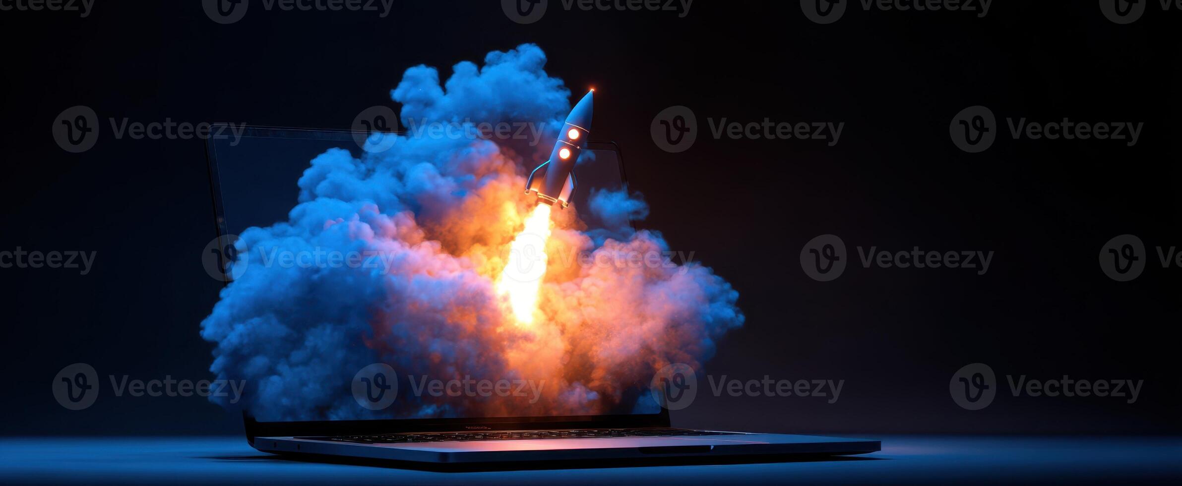 The rocket launching from a laptop symbolizes innovation and digital advancement. photo