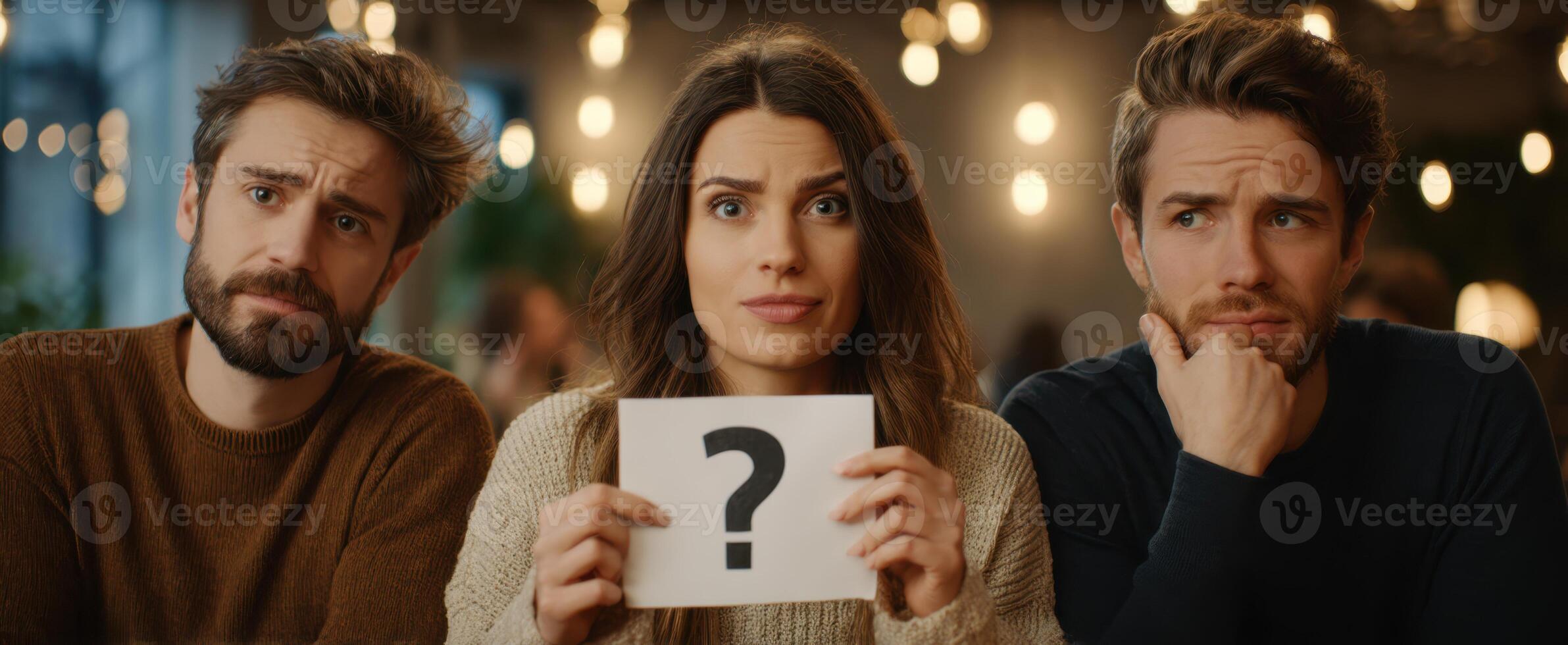 The three friends displaying confusion while pondering an unanswered question photo