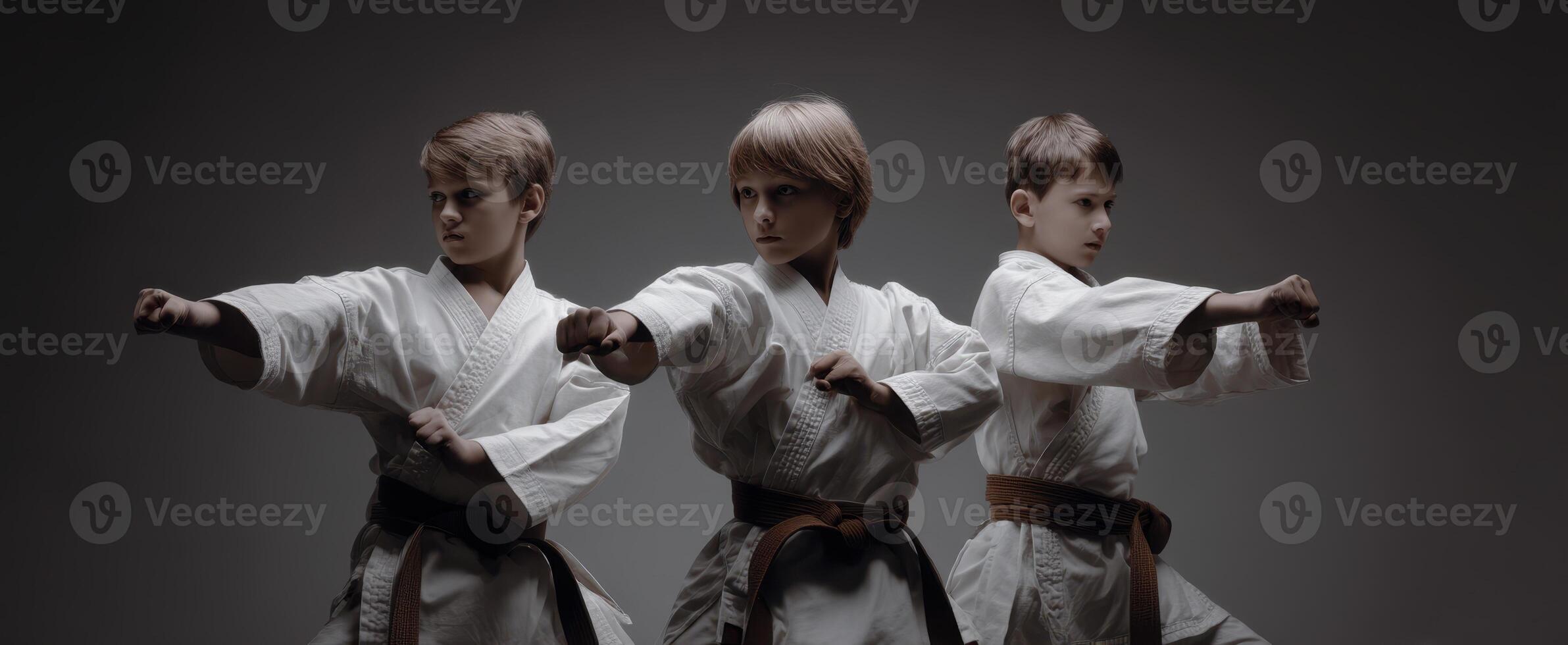 The three young karate practitioners demonstrating their skills and focus in the studio. photo