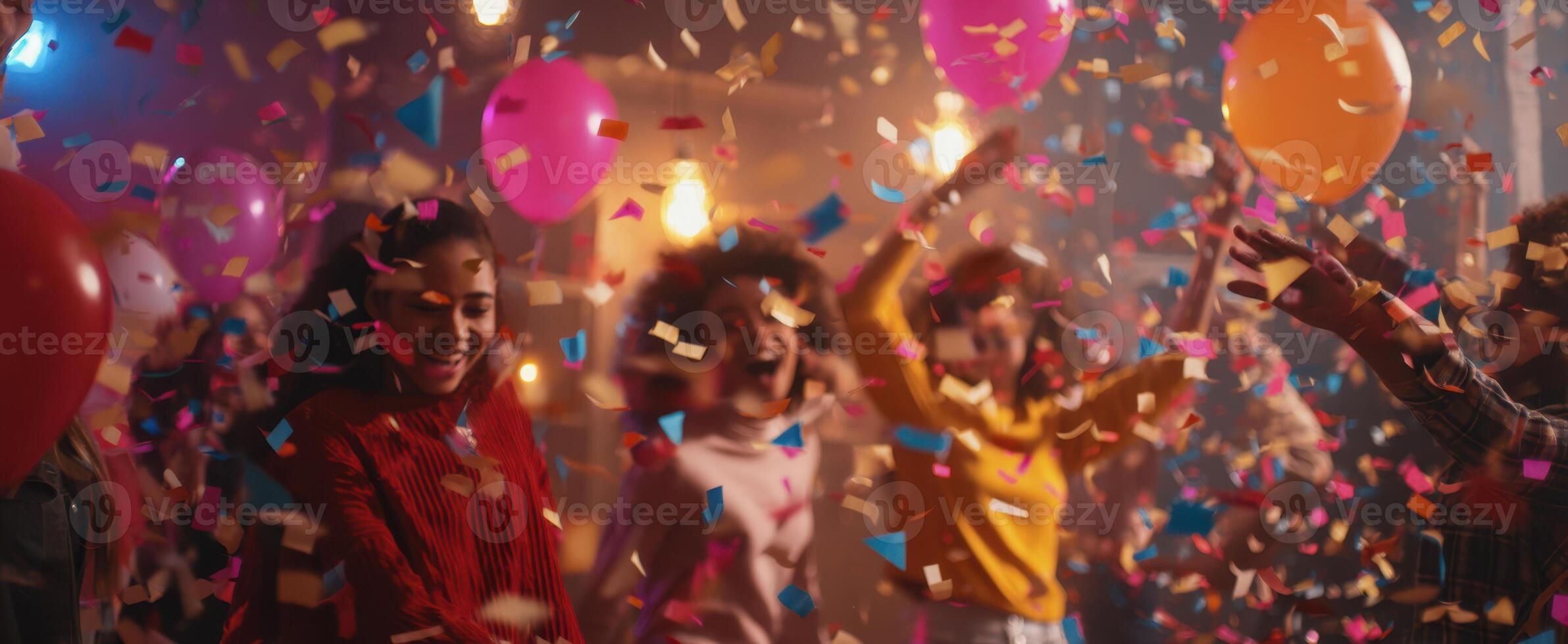 The joyful celebration featuring children dancing under colorful confetti and balloons. photo
