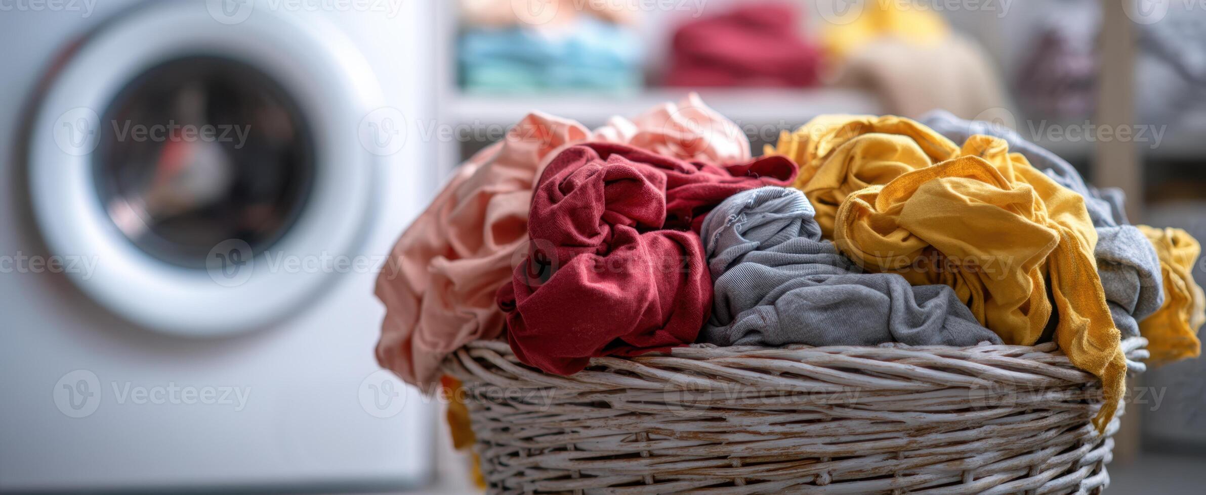 The colorful laundry basket filled with freshly washed clothes in a cozy setting. photo