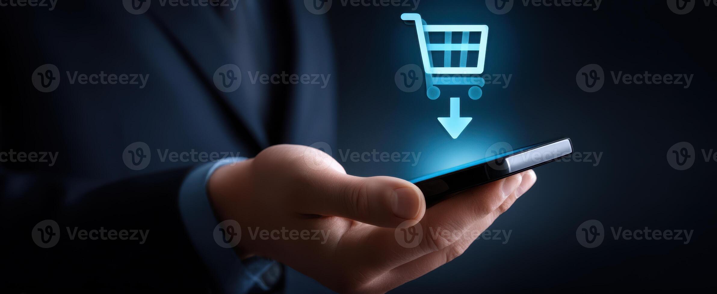 The smartphone displaying an online shopping cart icon in a professional setting. photo