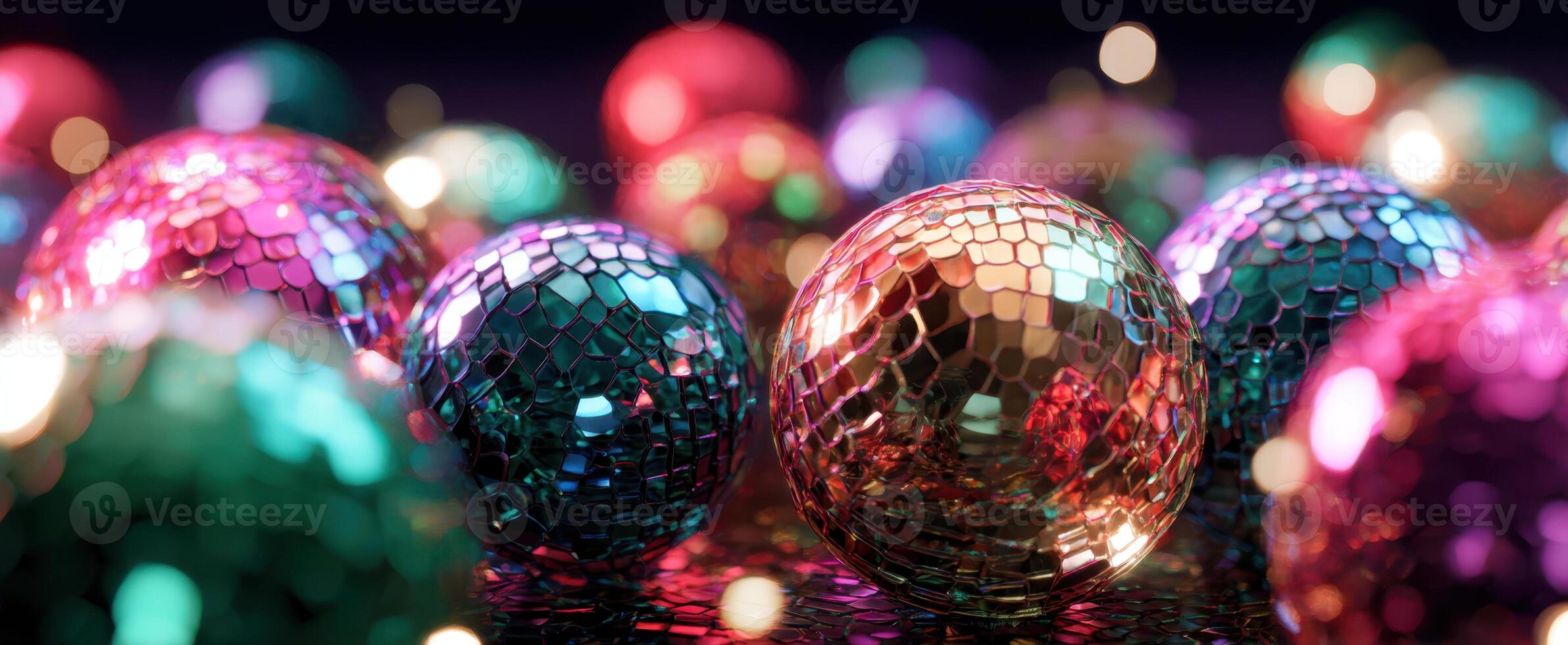 The colorful disco balls reflecting light in a vibrant party atmosphere photo