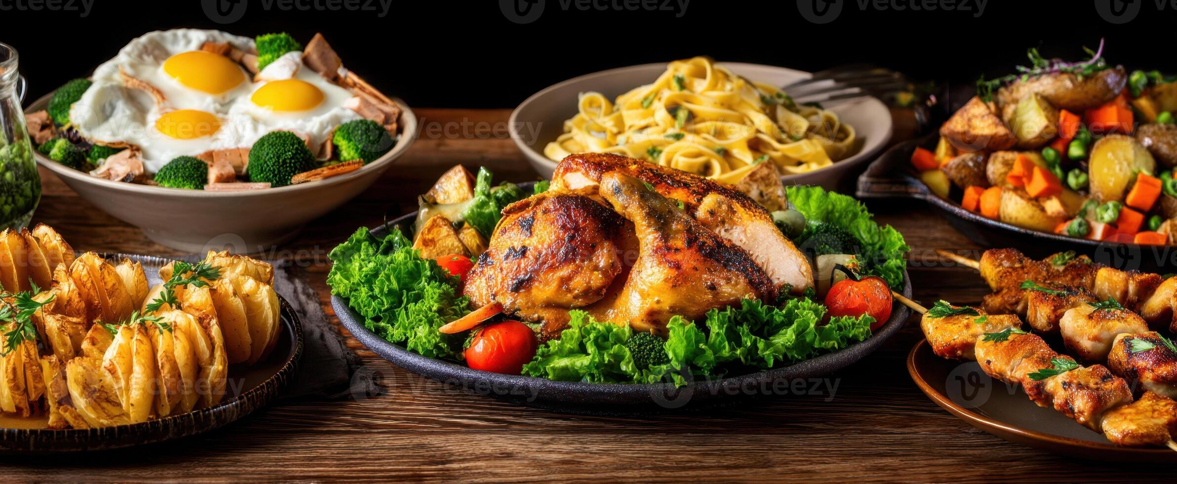 The sumptuous feast showcasing a variety of delicious dishes on a rustic table. photo