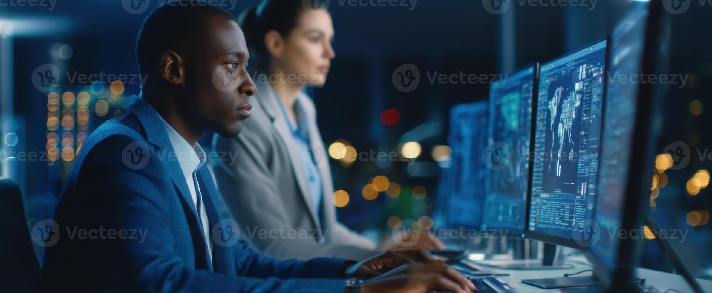 The dedicated professionals analyzing data on multiple screens in a modern office environment. photo