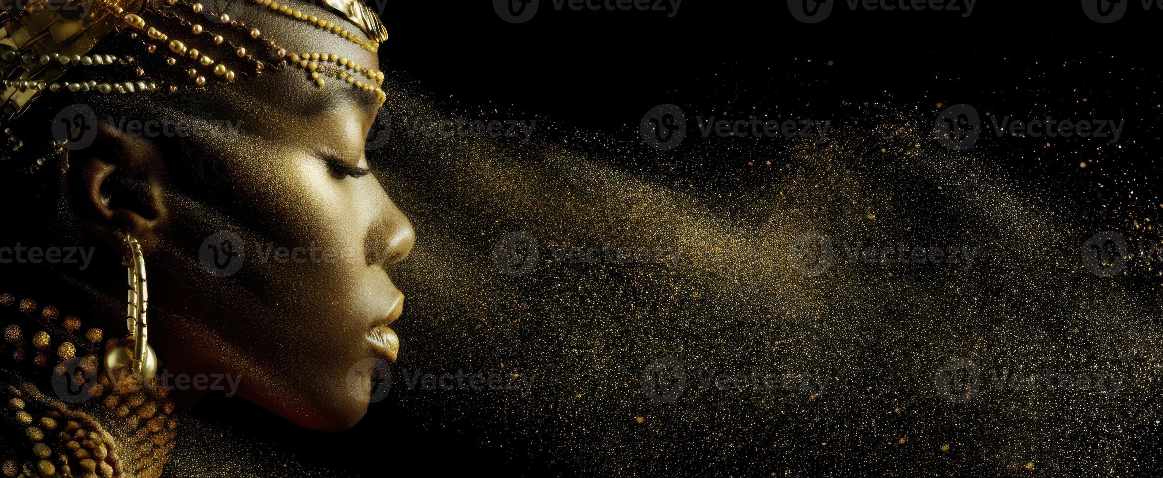 The stunning profile of a woman adorned in golden accessories and shimmering dust. photo