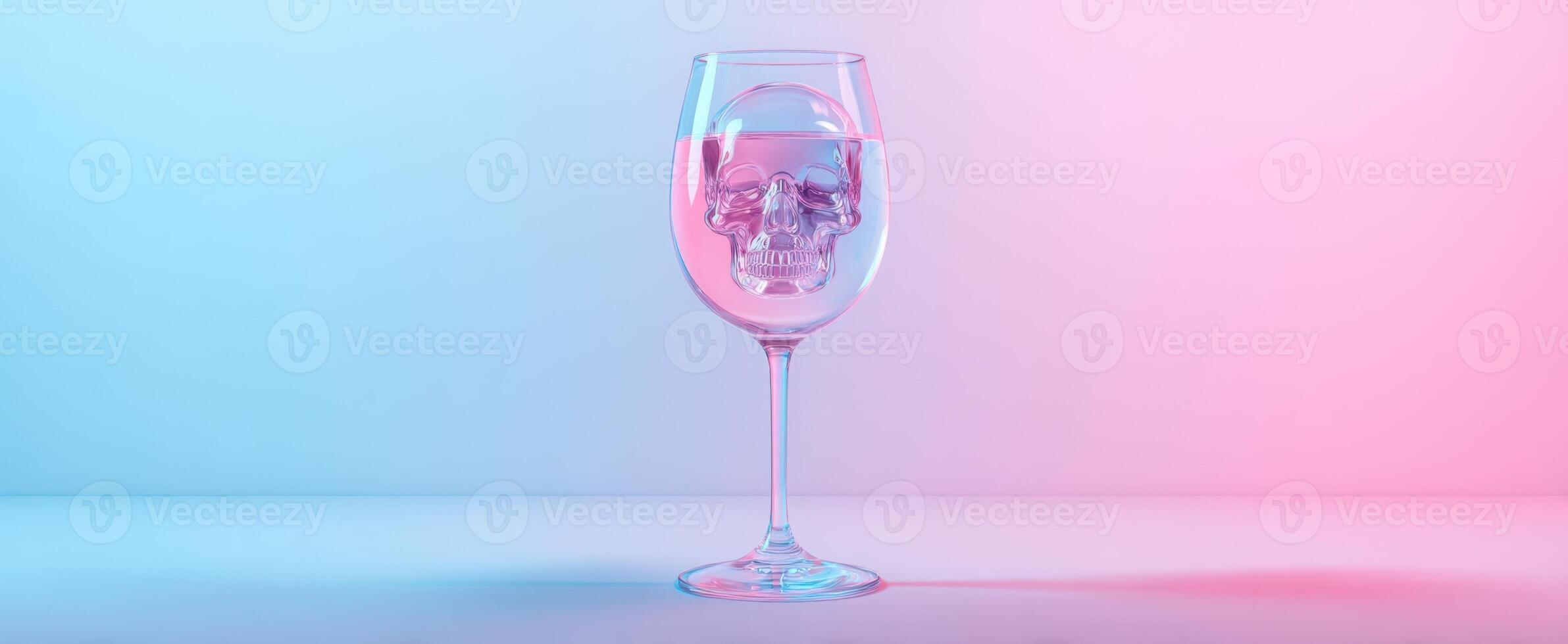 The glass containing a skull submerged in water with vibrant lighting effects. photo