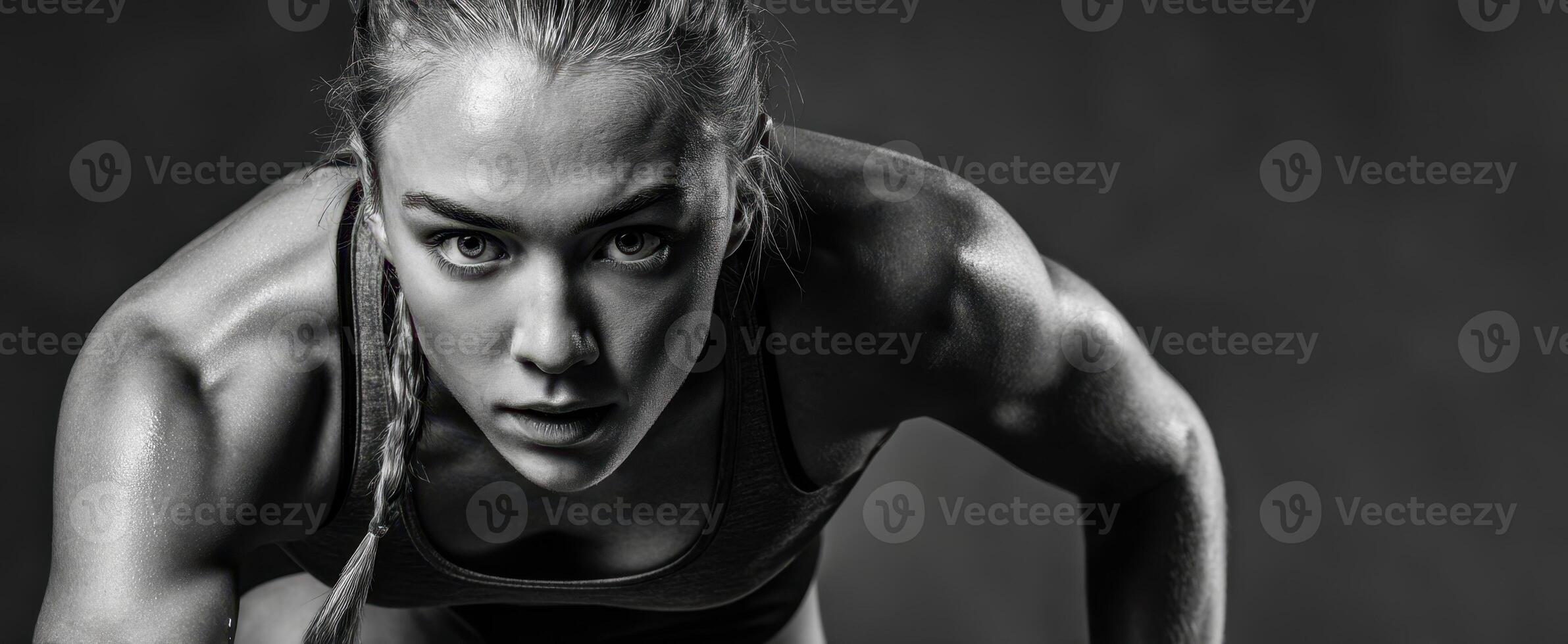 The determined athlete pushing her limits in a powerful black and white portrait. photo